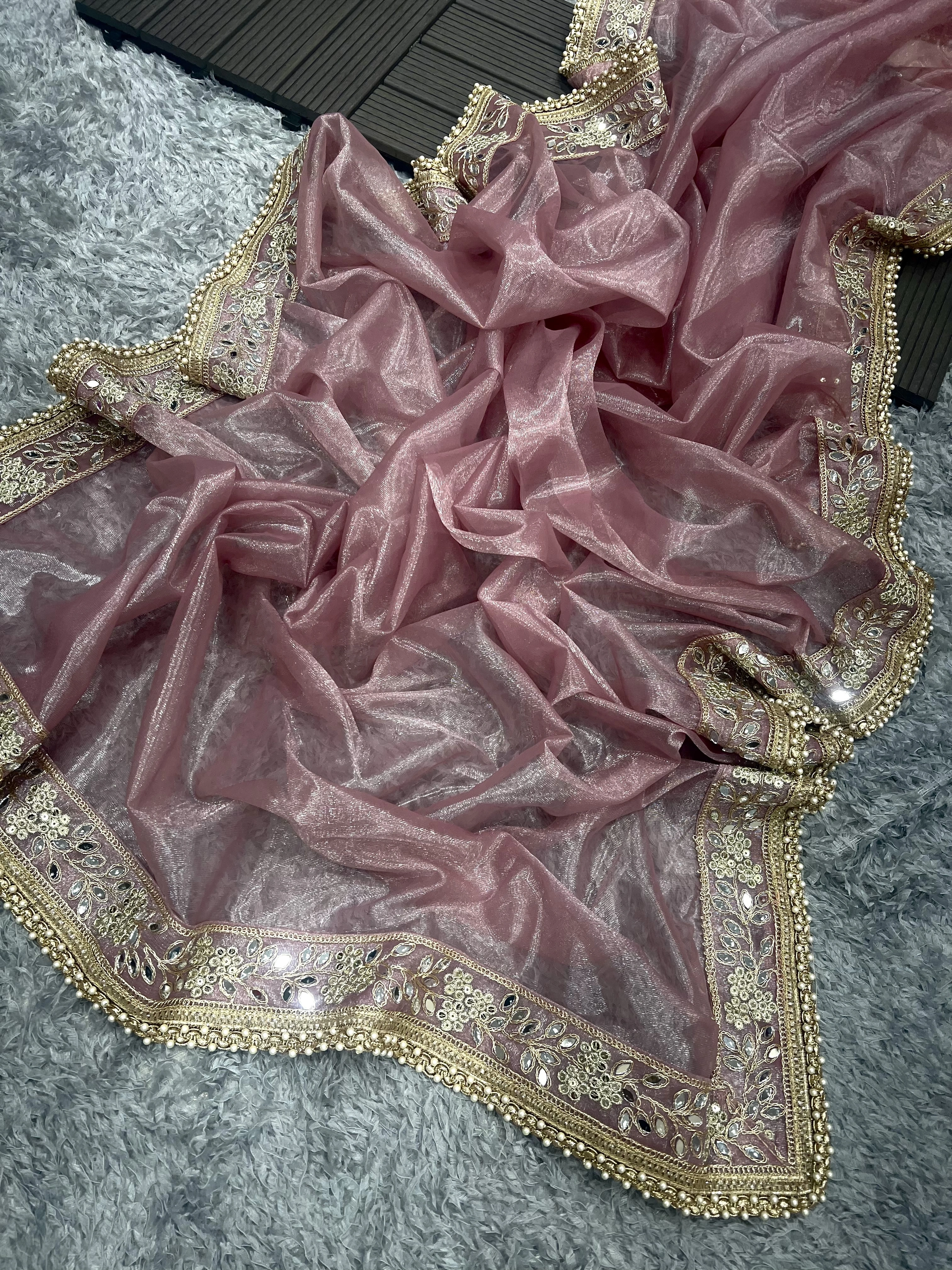 Tissue Silk Saree with Sequin and Mirror Embellishments With Blouse Piecs-5