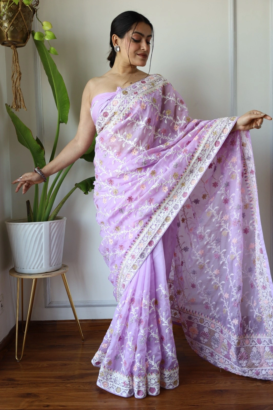 Soft Organza Saree with Diamond Embellishments With Blouse Piecs-Pink-1