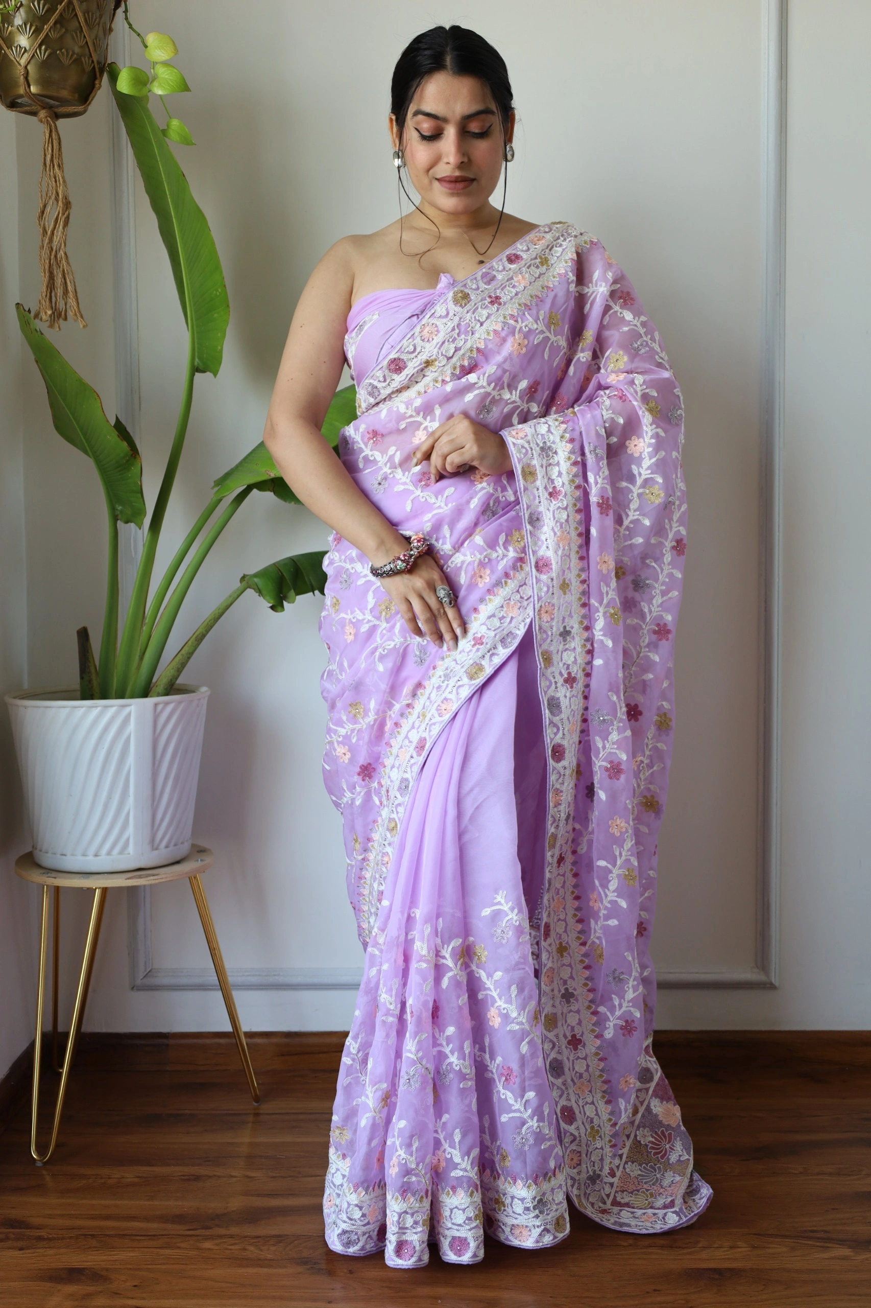 Soft Organza Saree with Diamond Embellishments With Blouse Piecs-Pink-2