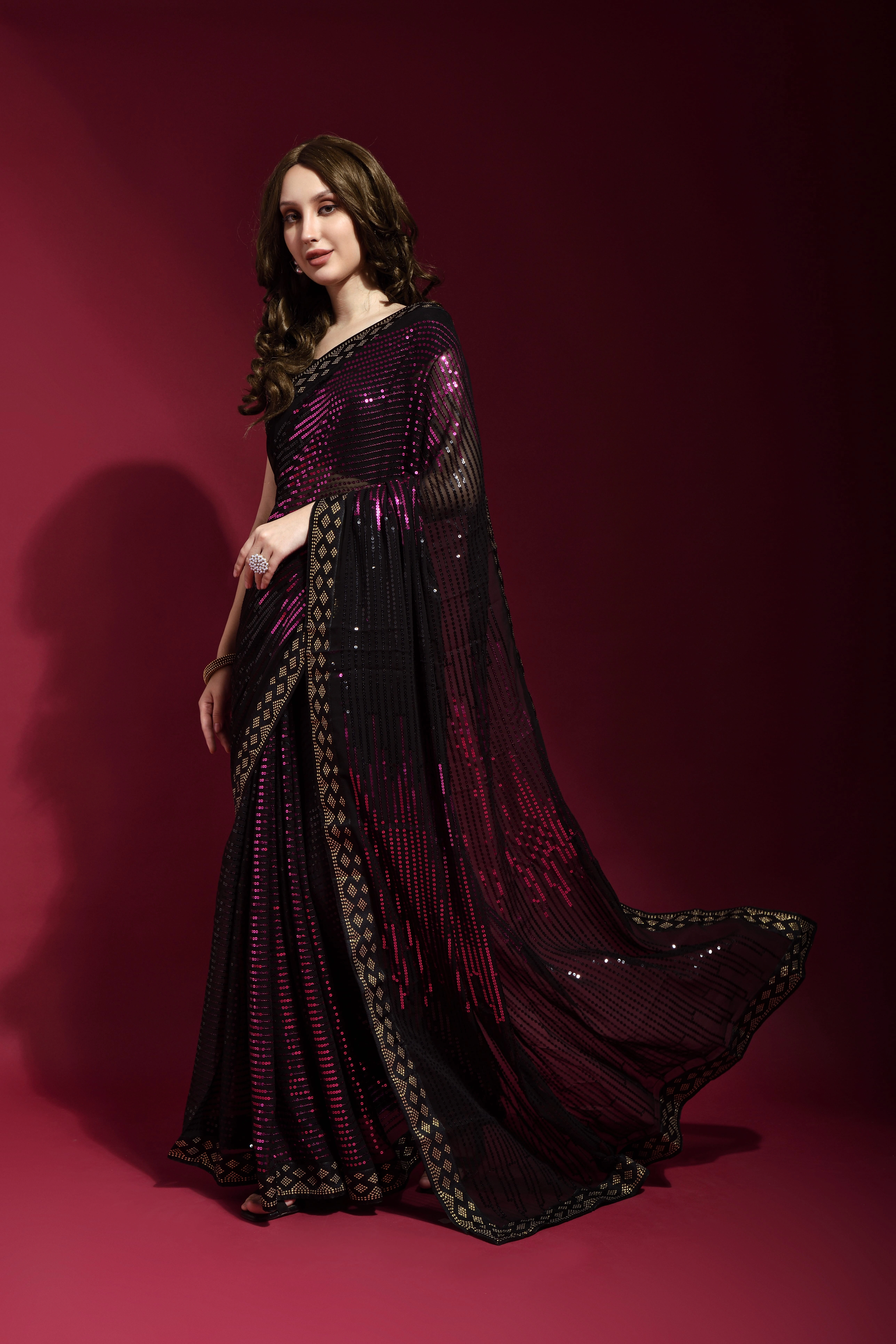 Georgette Saree with Sequin Flourish With Blouse Piecs-Wine-2