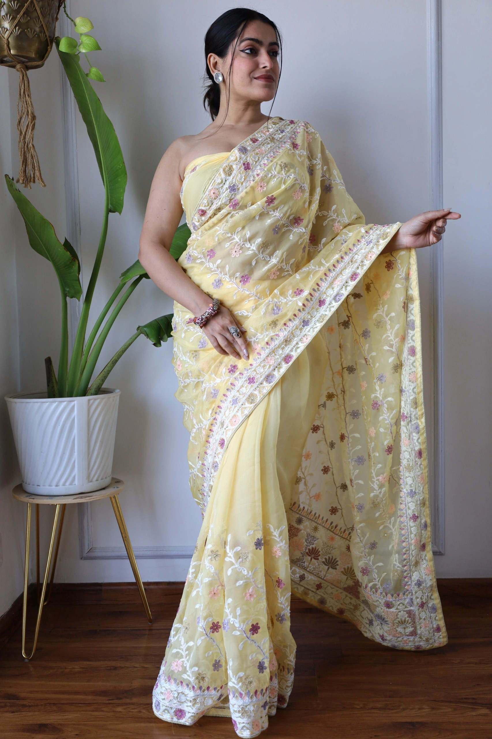 Soft Organza Saree with Diamond Embellishments With Blouse Piecs-Yellow-2