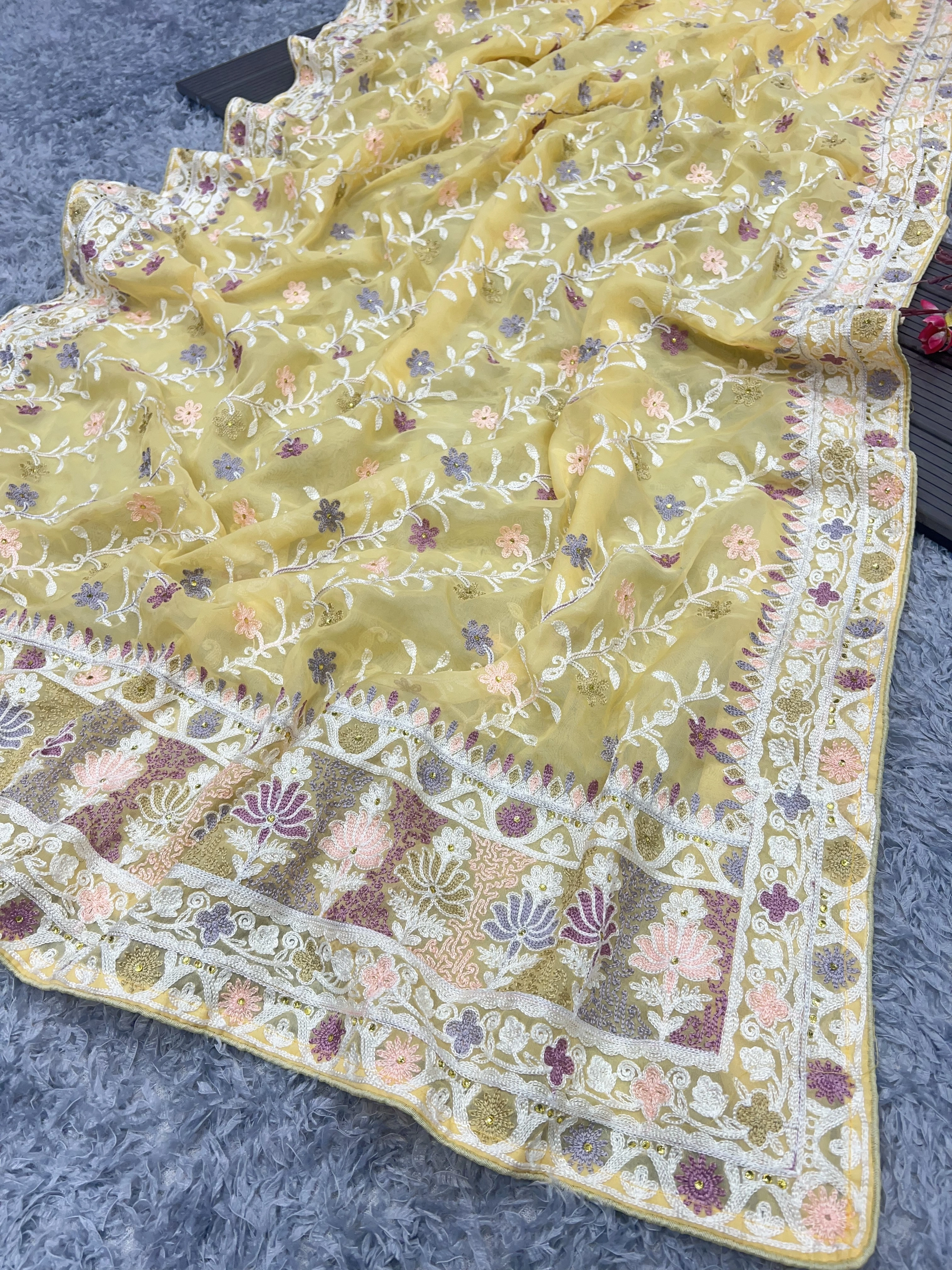 Soft Organza Saree with Diamond Embellishments With Blouse Piecs-Yellow-3