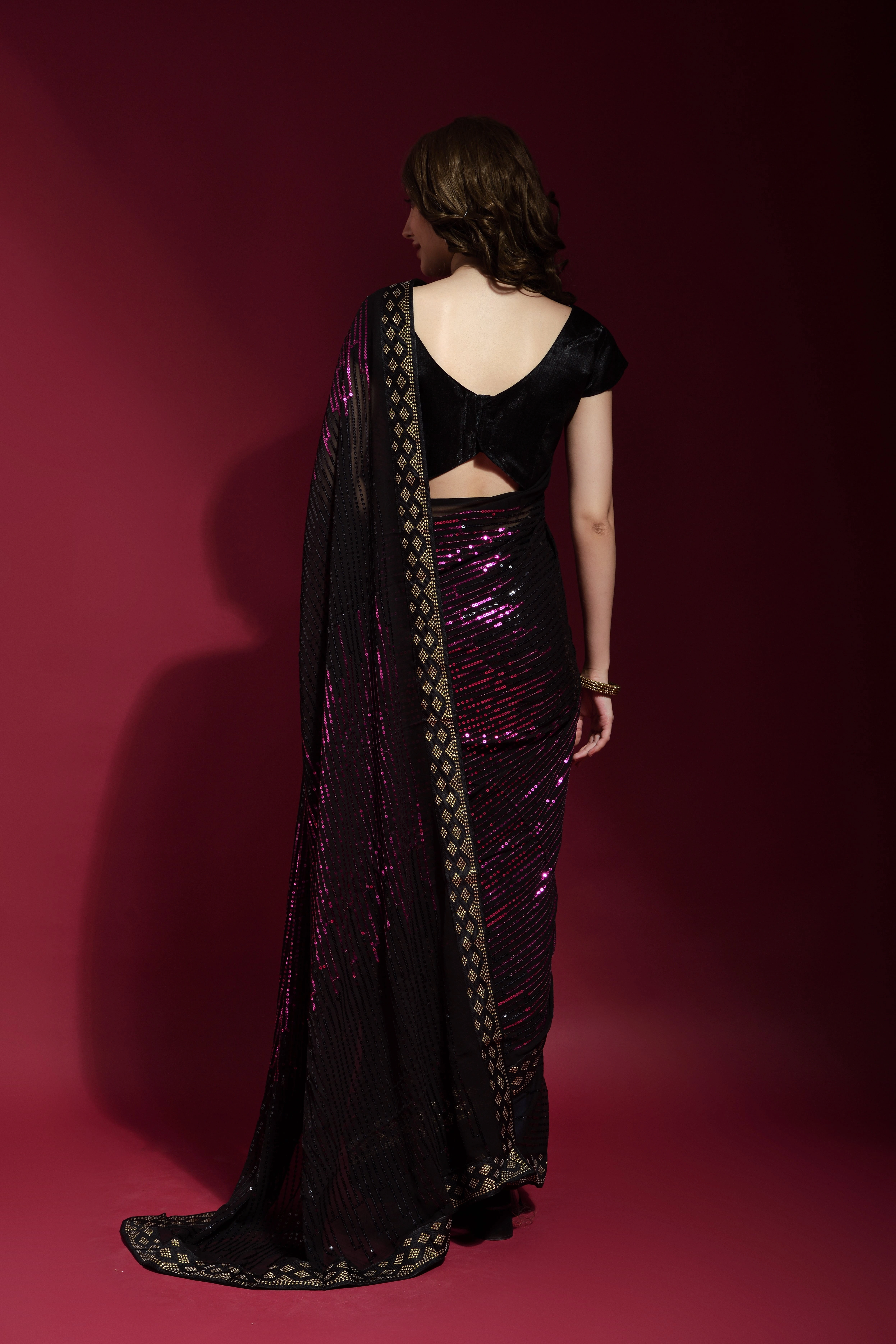 Georgette Saree with Sequin Flourish With Blouse Piecs-Wine-3