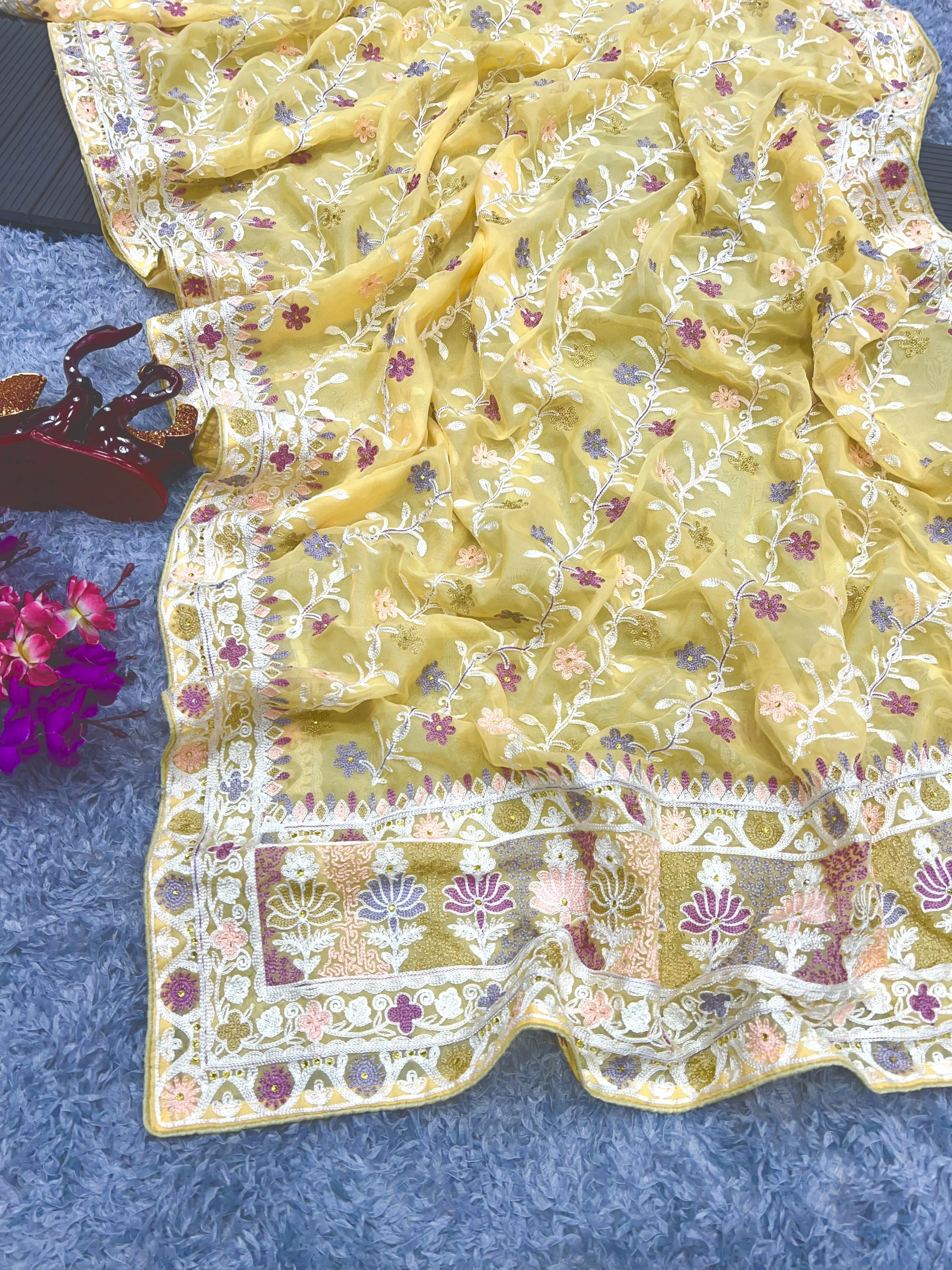 Soft Organza Saree with Diamond Embellishments With Blouse Piecs-Yellow-4