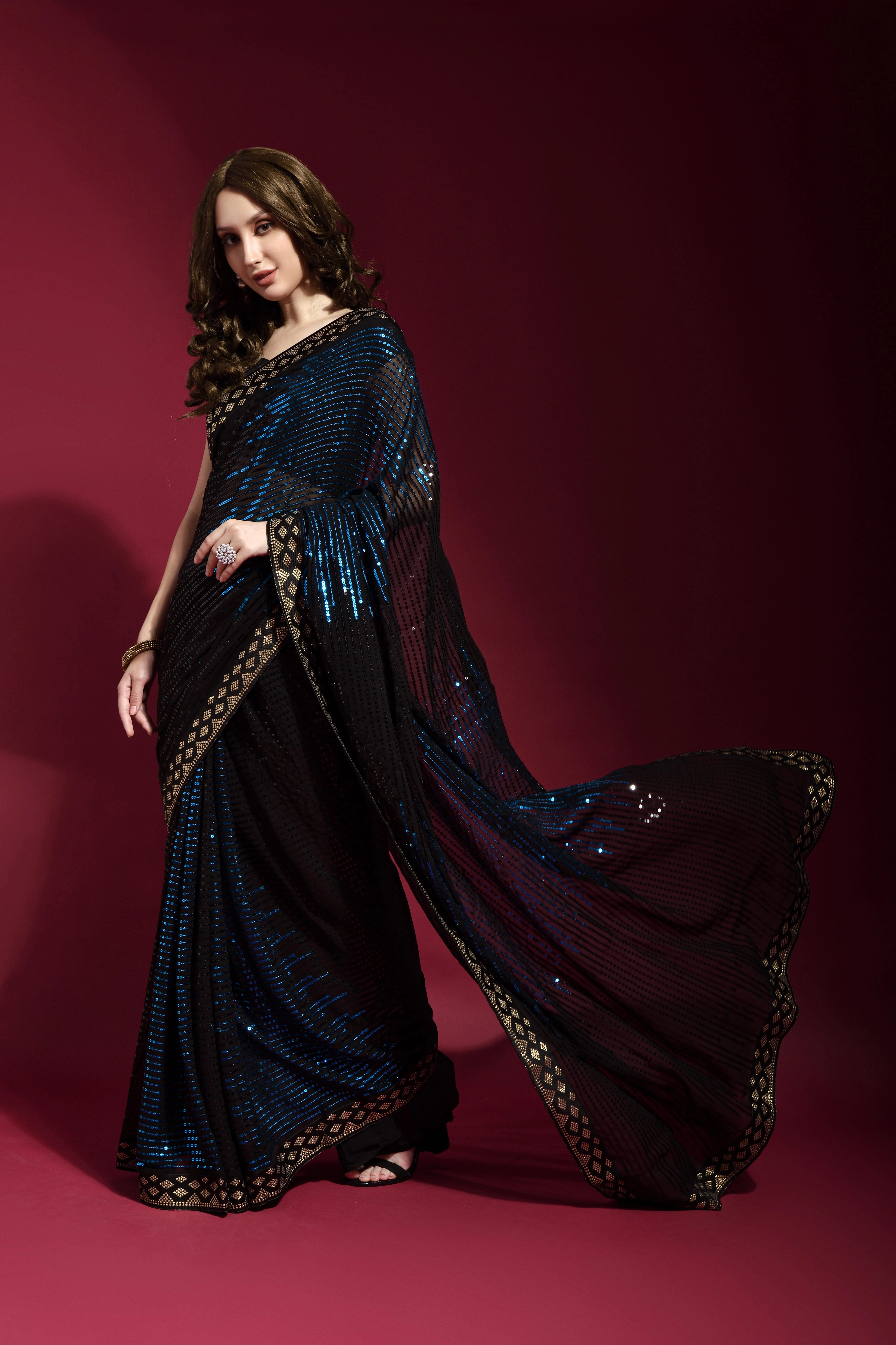 Georgette Saree with Sequin Flourish With Blouse Piecs-RNC5173-Blue