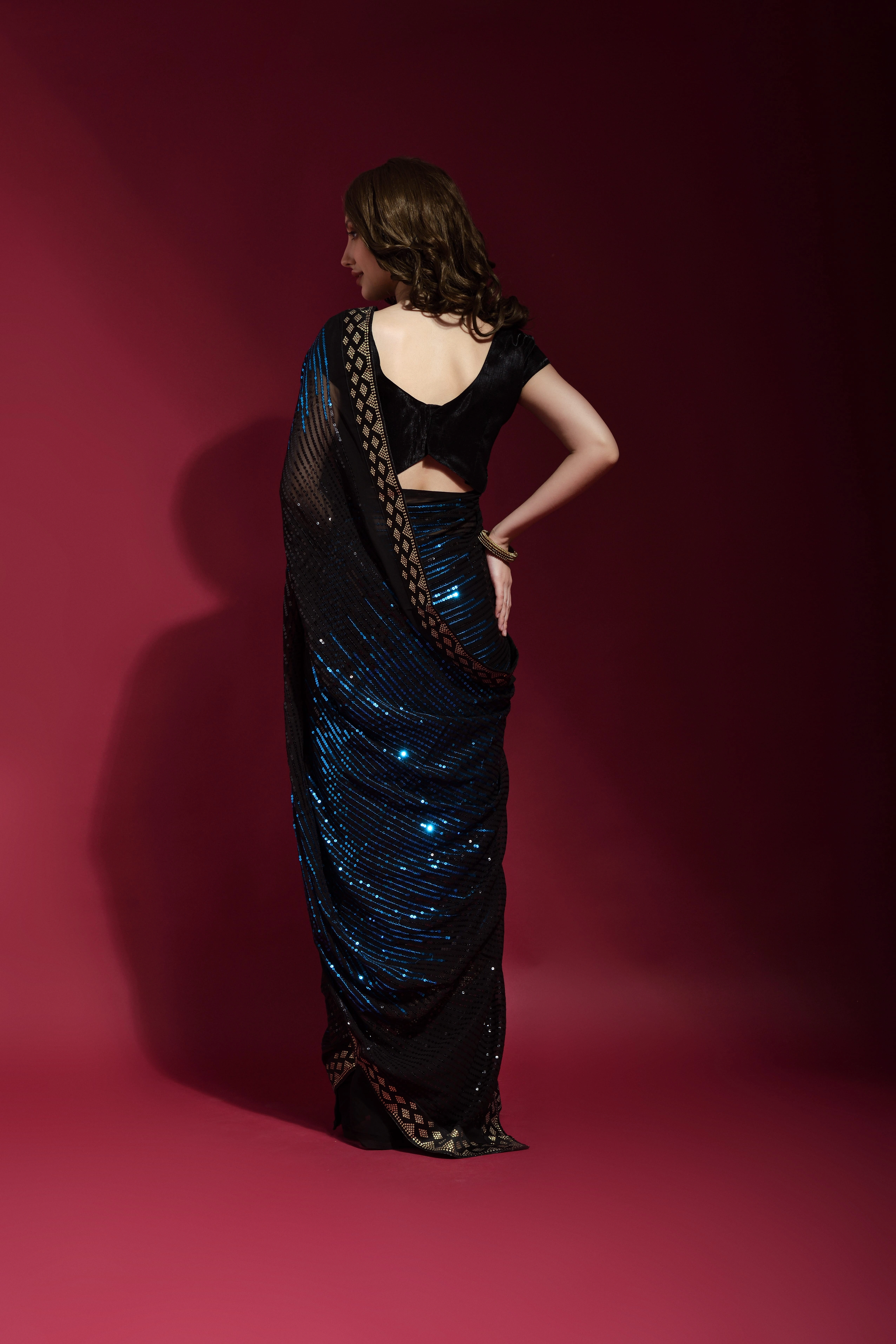 Georgette Saree with Sequin Flourish With Blouse Piecs-Blue-2