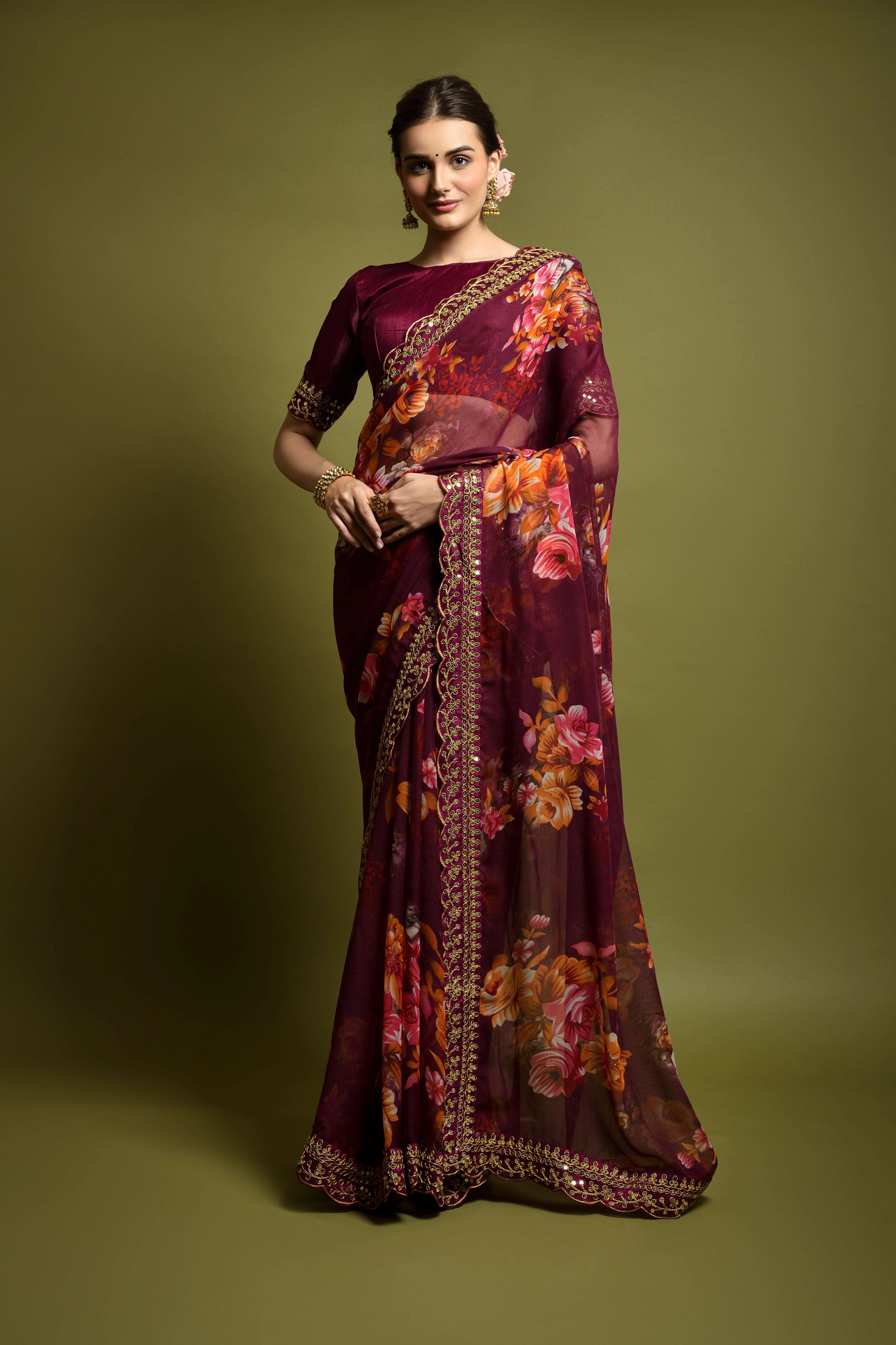 Chiffon Saree Adorned with Sequins and Cord Embroidery With Blouse Piecs-RNC5190-Wine