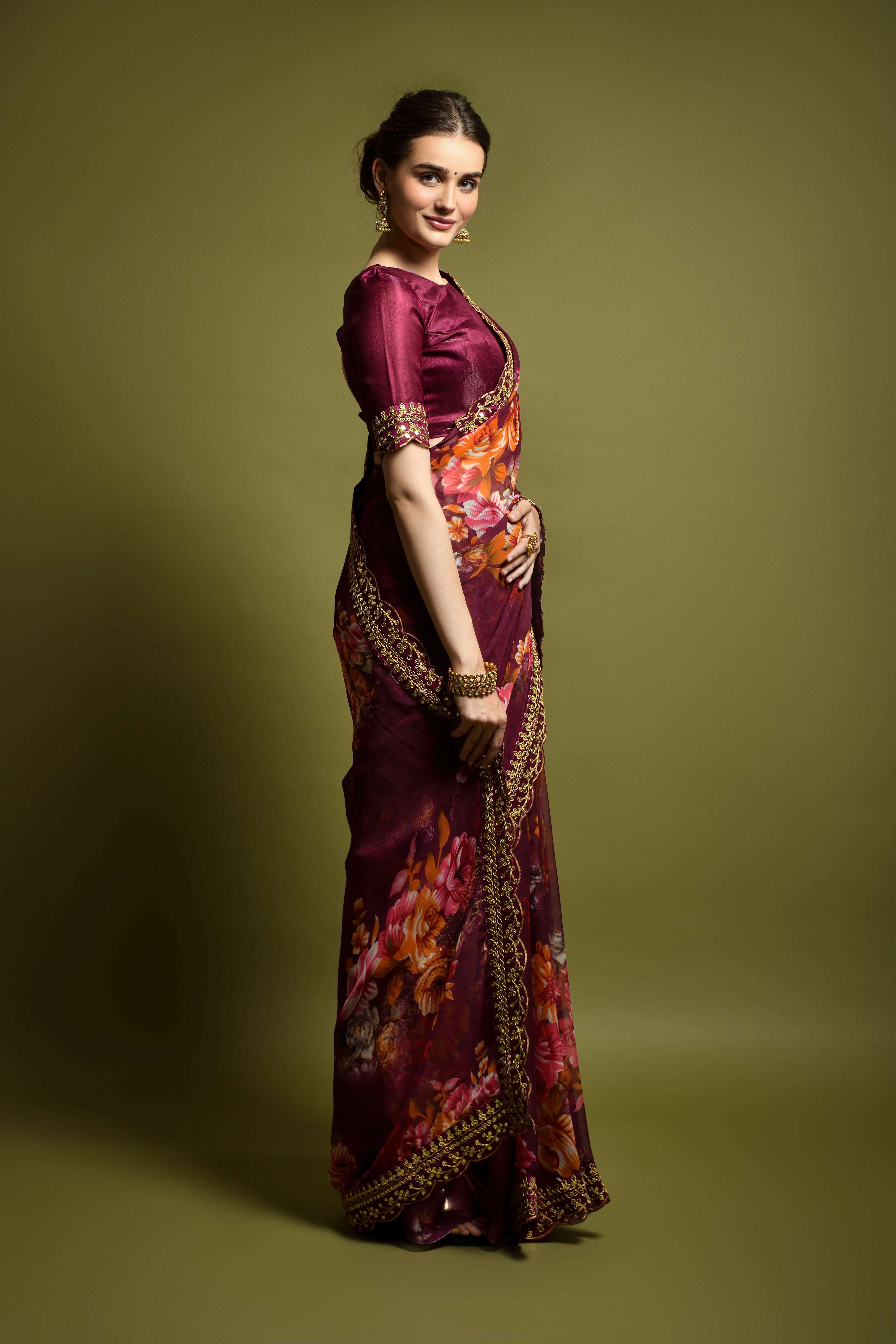 Chiffon Saree Adorned with Sequins and Cord Embroidery With Blouse Piecs-3