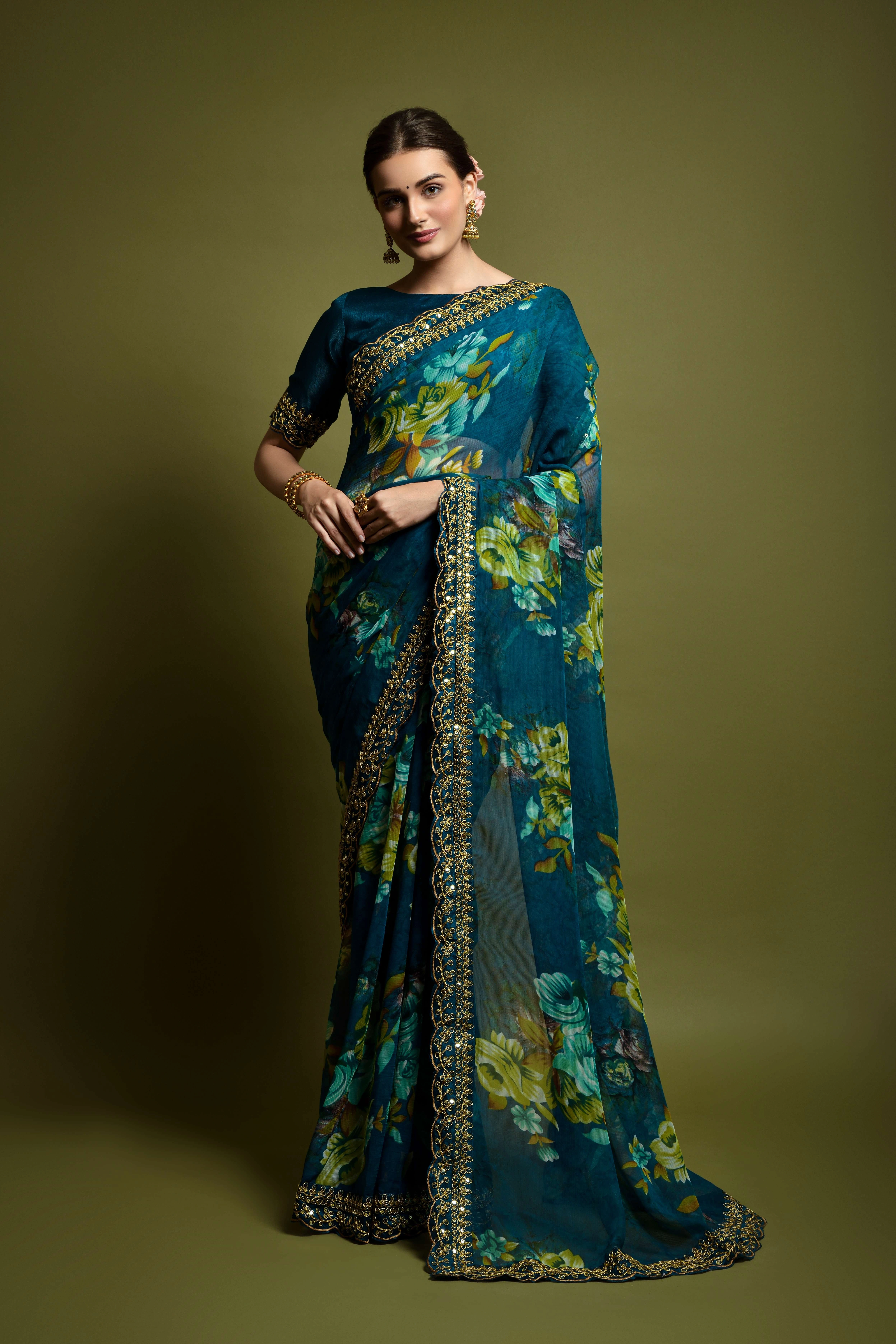 Chiffon Saree Adorned with Sequins and Cord Embroidery With Blouse Piecs-RNC5190-Blue