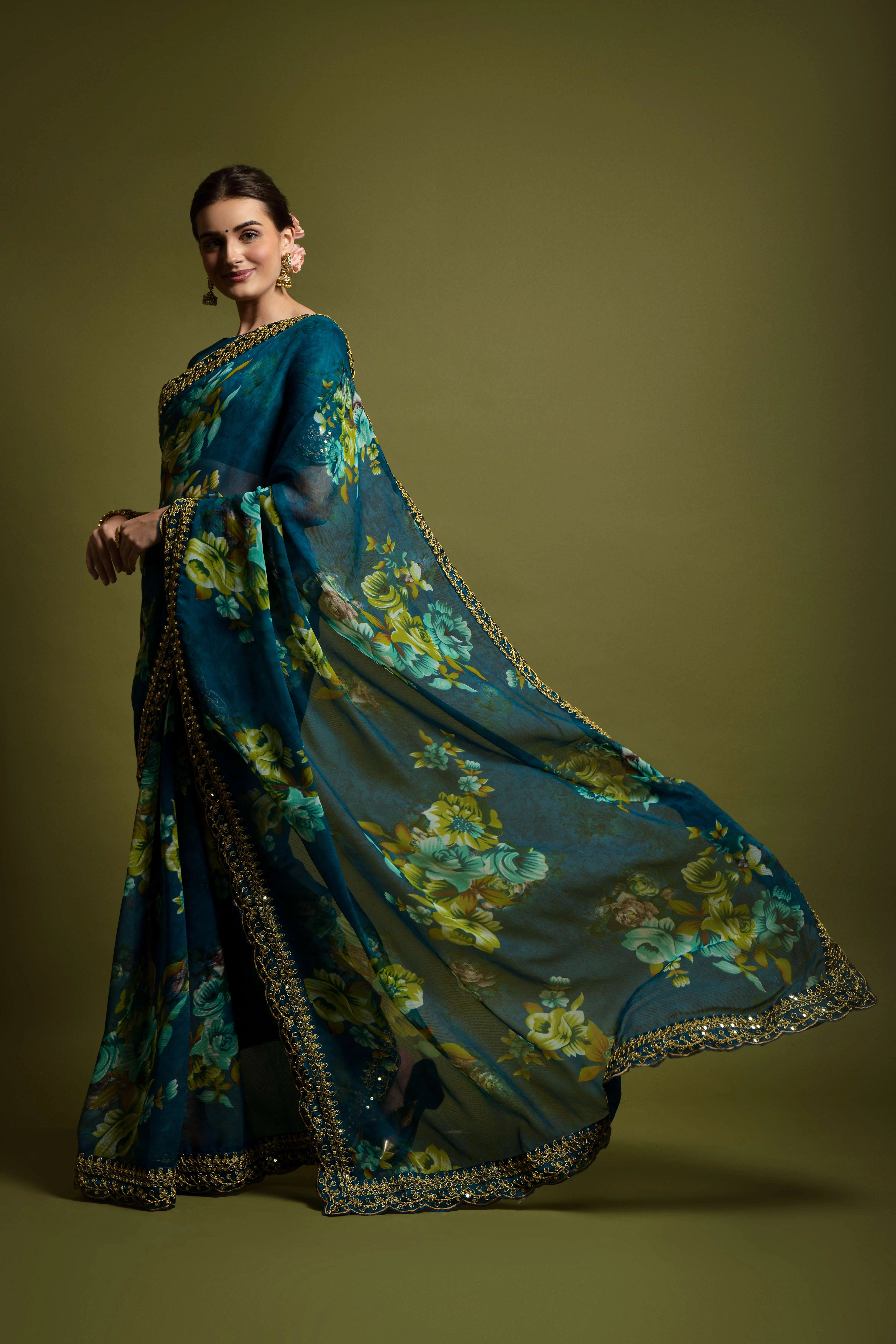 Chiffon Saree Adorned with Sequins and Cord Embroidery With Blouse Piecs-3