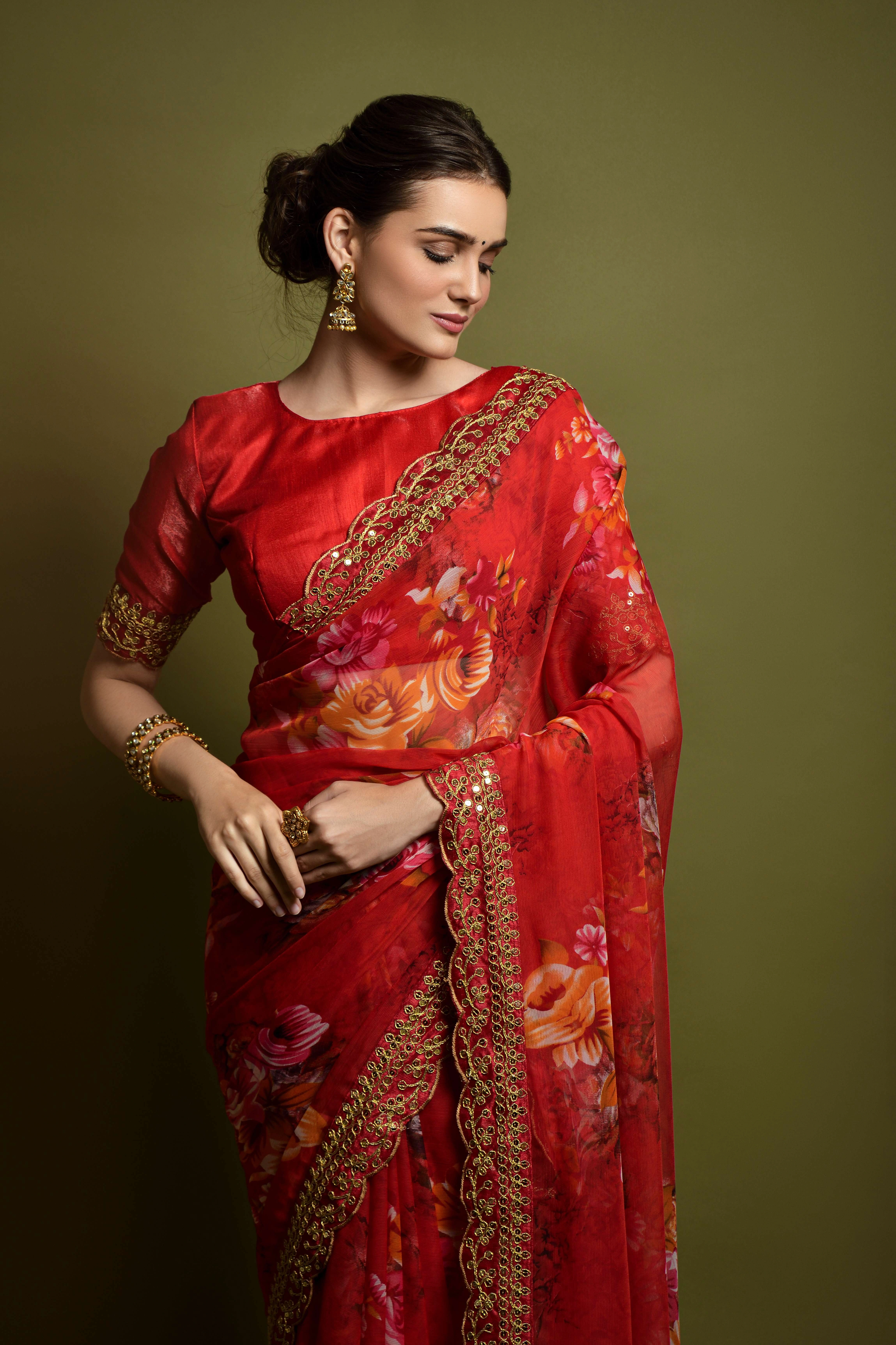 Chiffon Saree Adorned with Sequins and Cord Embroidery With Blouse Piecs-2