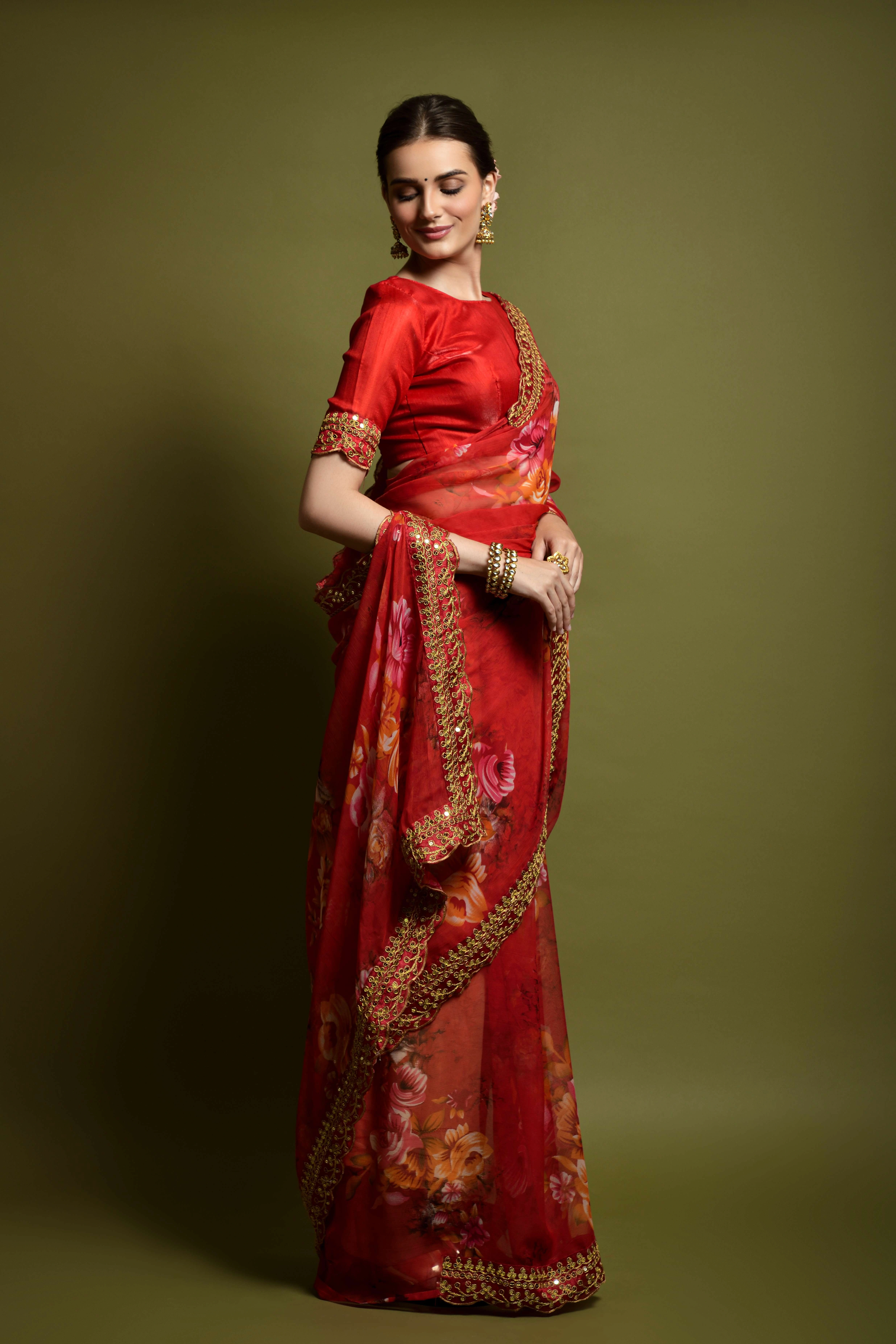 Chiffon Saree Adorned with Sequins and Cord Embroidery With Blouse Piecs-3