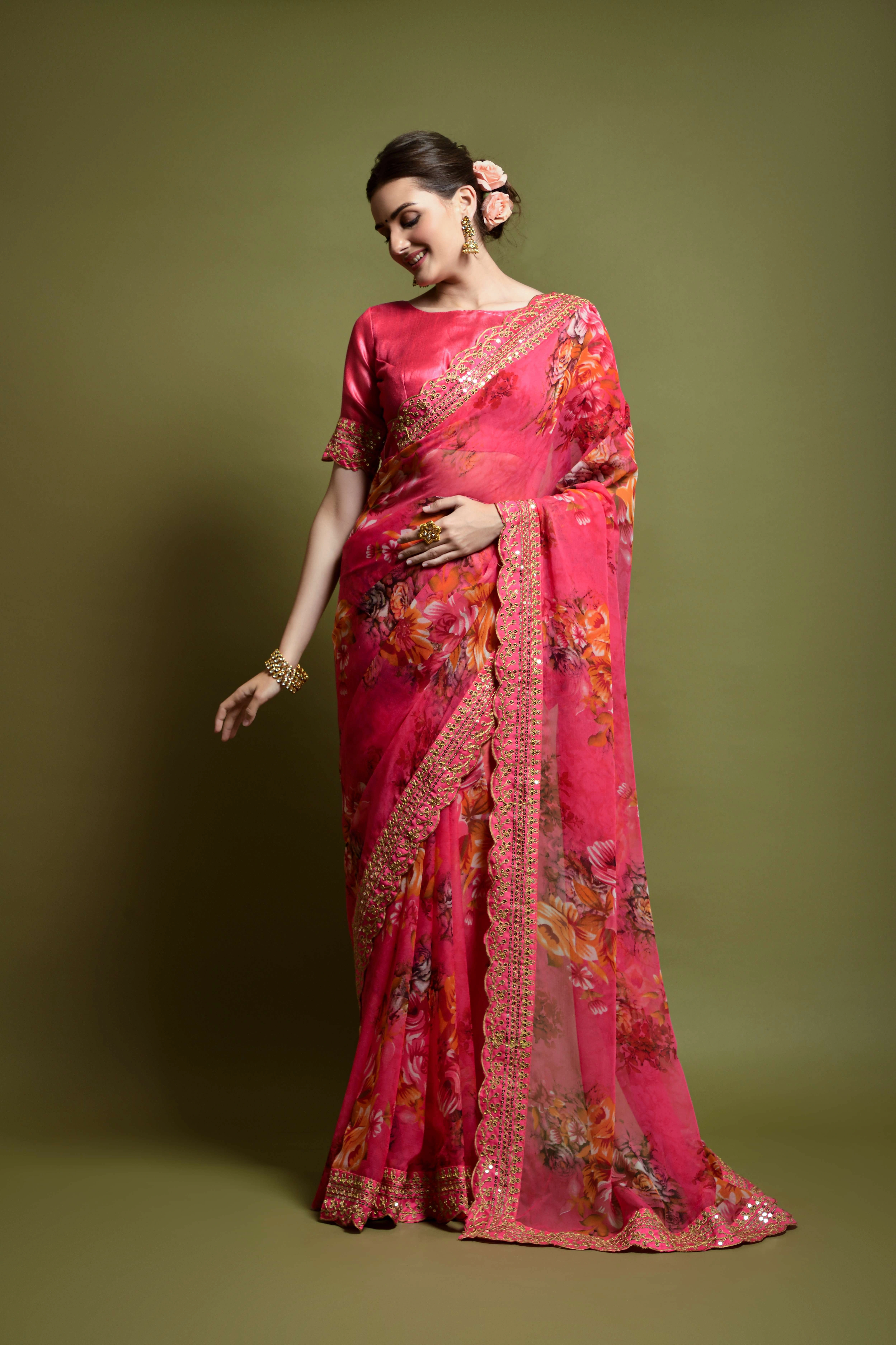 Chiffon Saree Adorned with Sequins and Cord Embroidery With Blouse Piecs-RNC5190-Rani