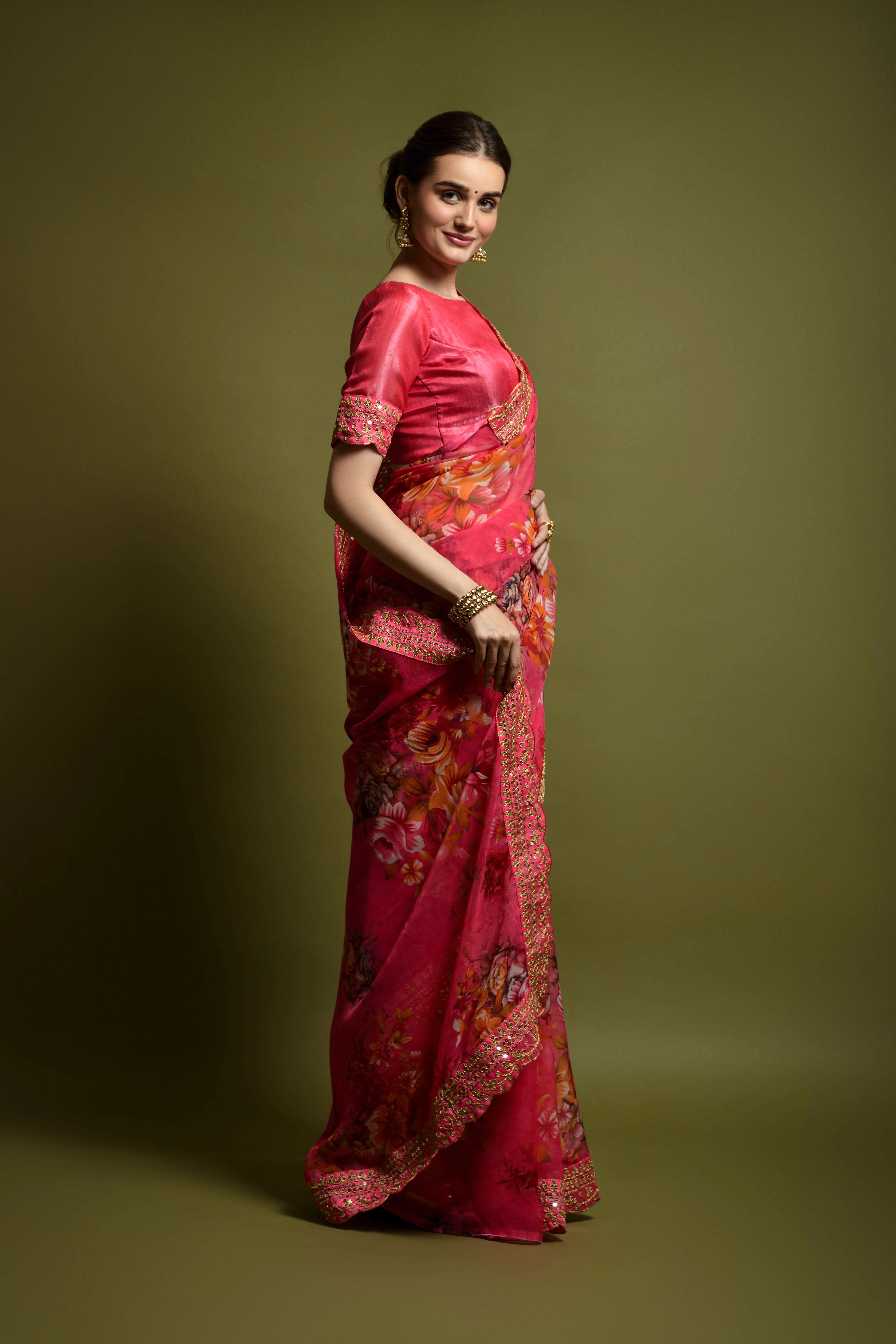 Chiffon Saree Adorned with Sequins and Cord Embroidery With Blouse Piecs-2