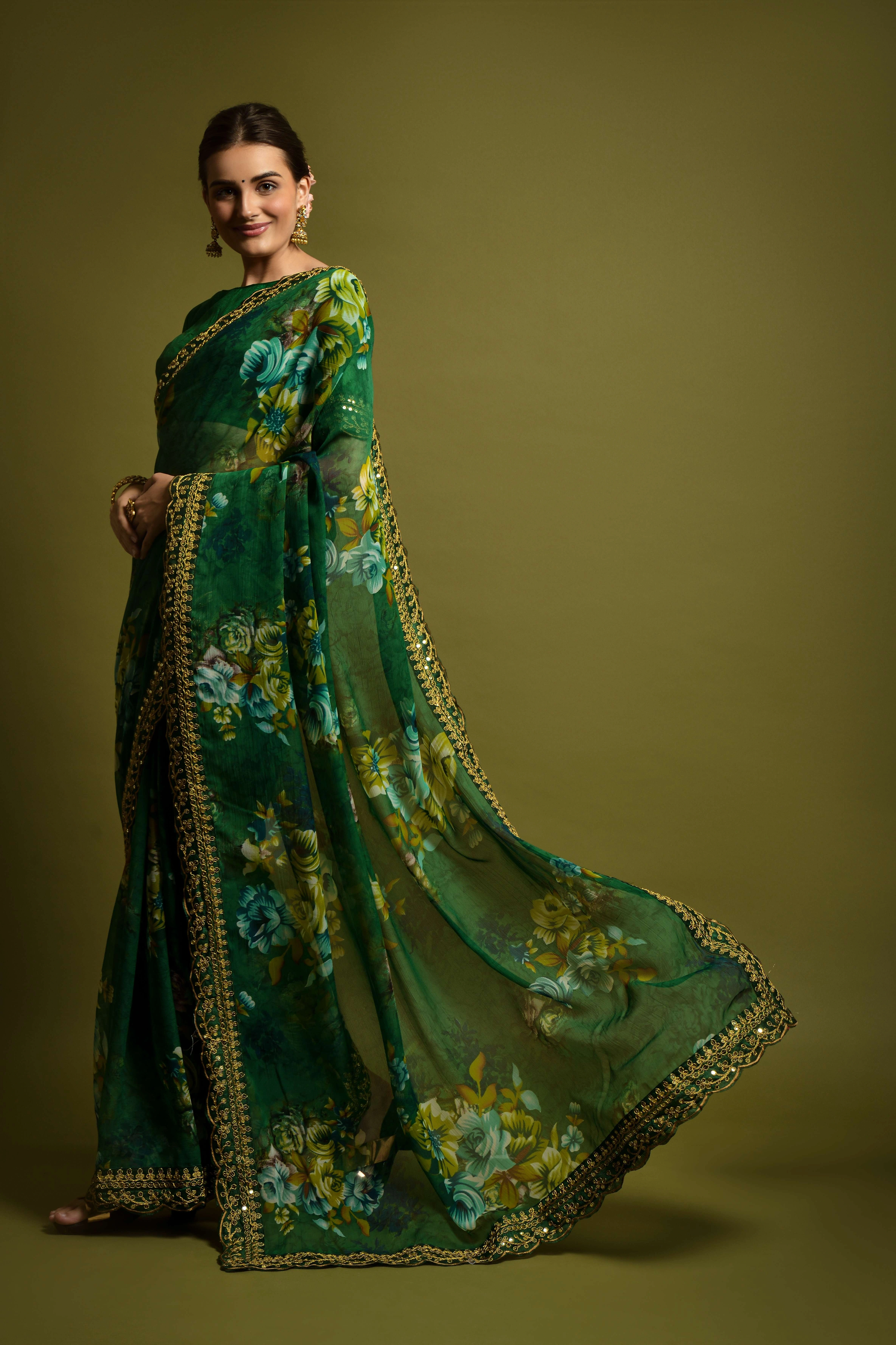 Chiffon Saree Adorned with Sequins and Cord Embroidery With Blouse Piecs-1