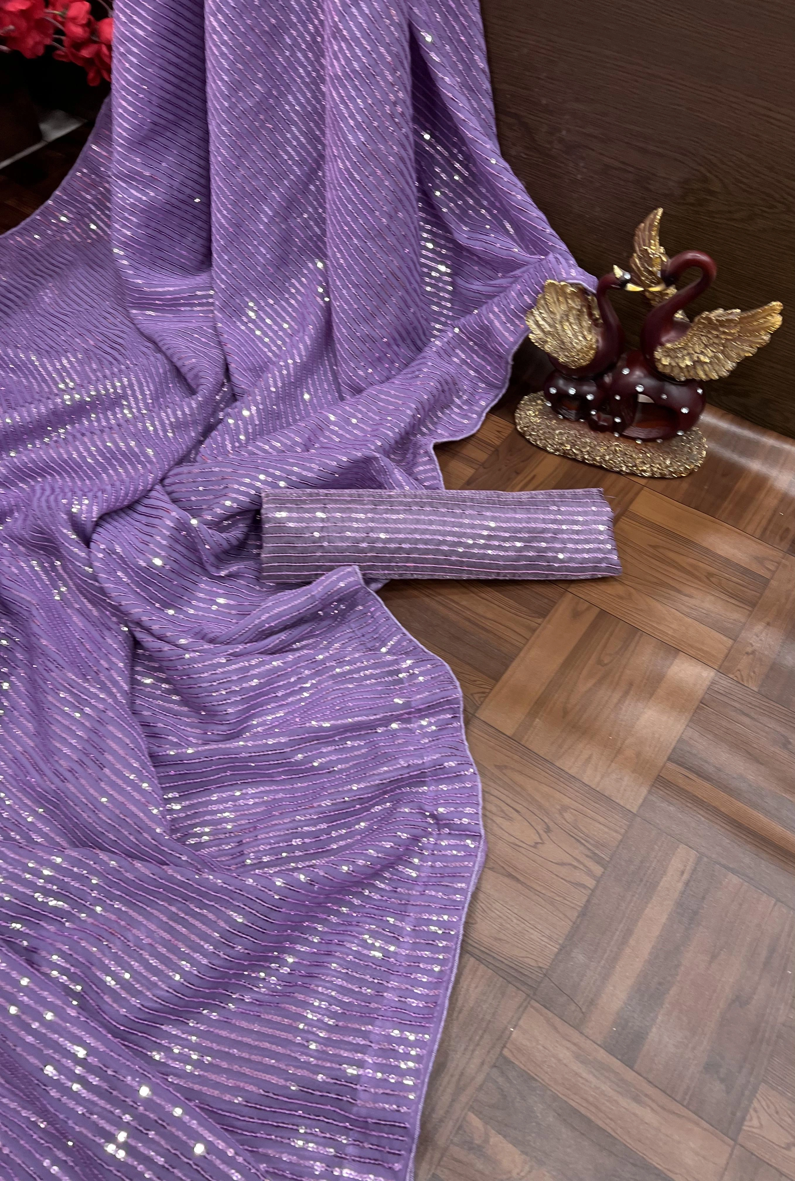 Georgette Saree with Sequin Splendor With Blouse Piecs-Purple-3