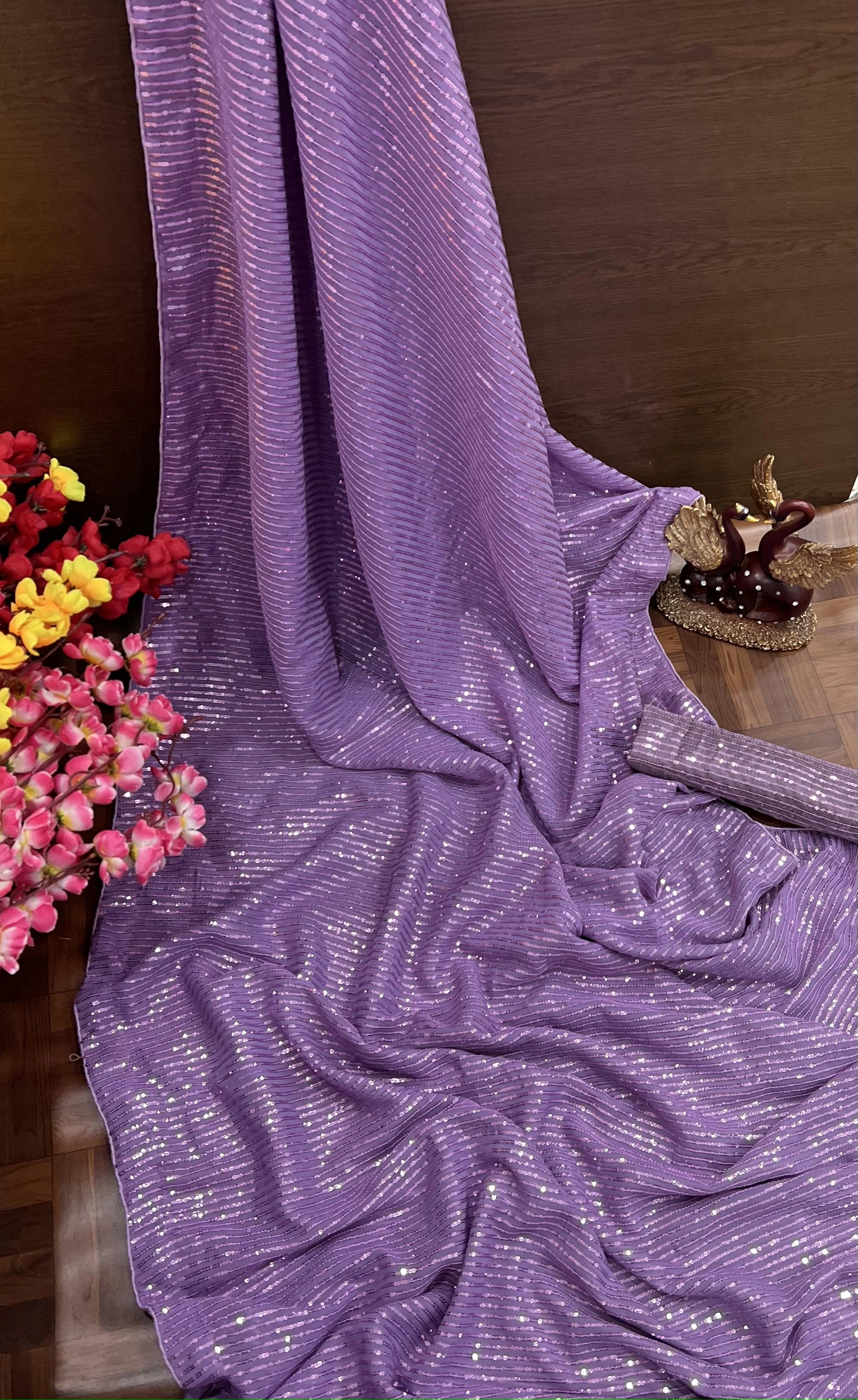 Georgette Saree with Sequin Splendor With Blouse Piecs-Purple-5