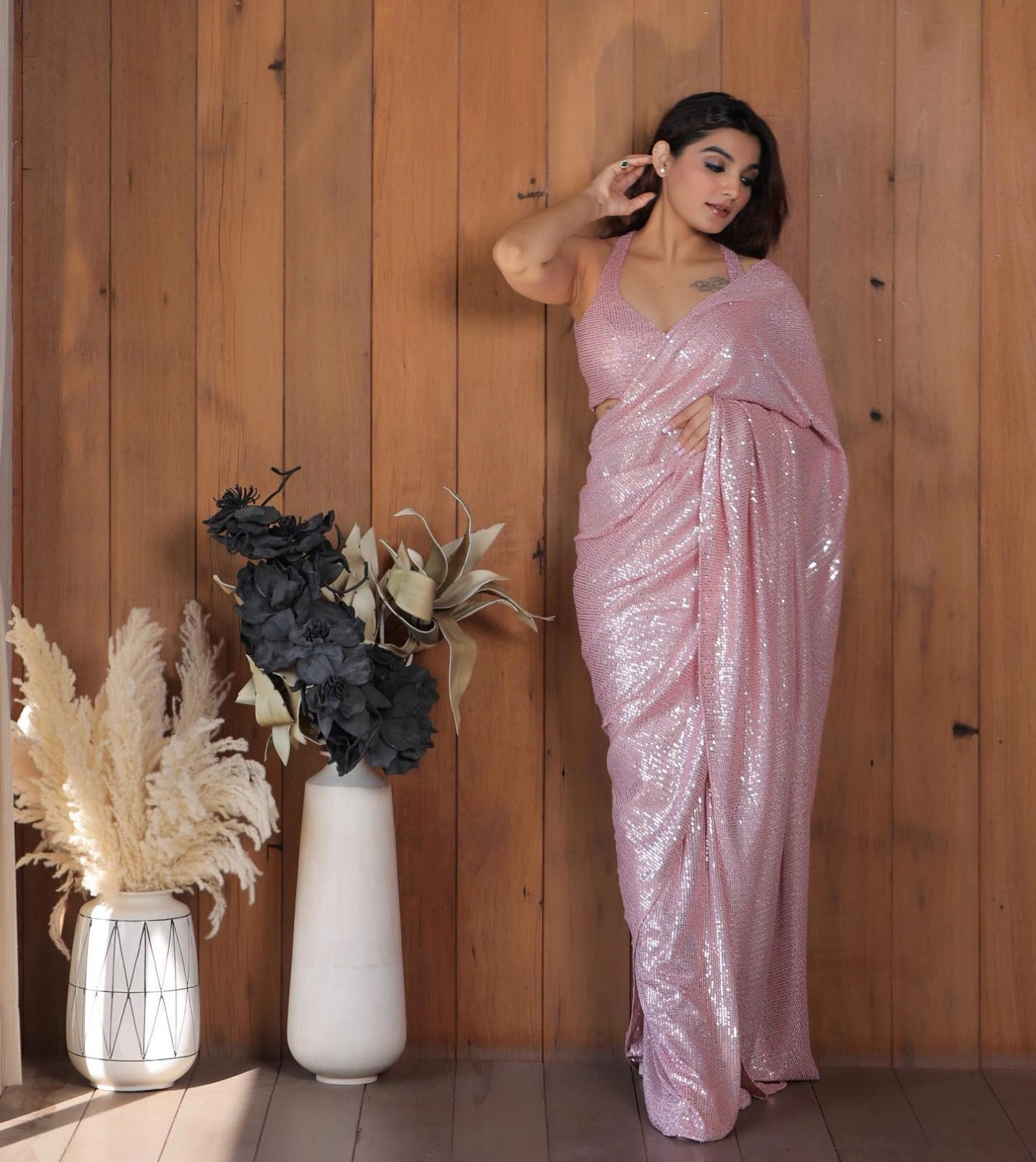 Georgette Saree with Sequin Splendor With Blouse Piecs-Pink-1