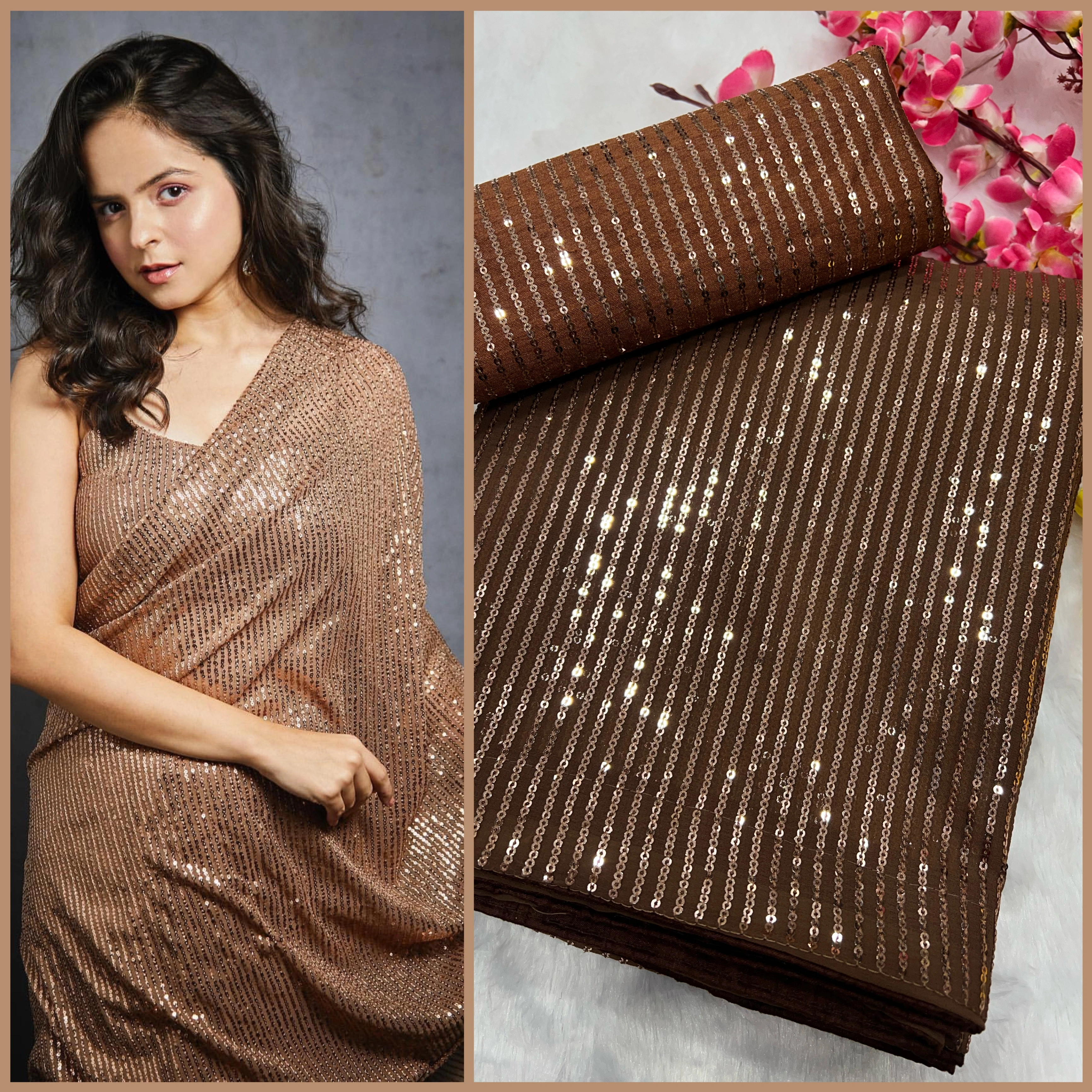 Georgette Saree with Sequin Splendor With Blouse Piecs-Brown-4