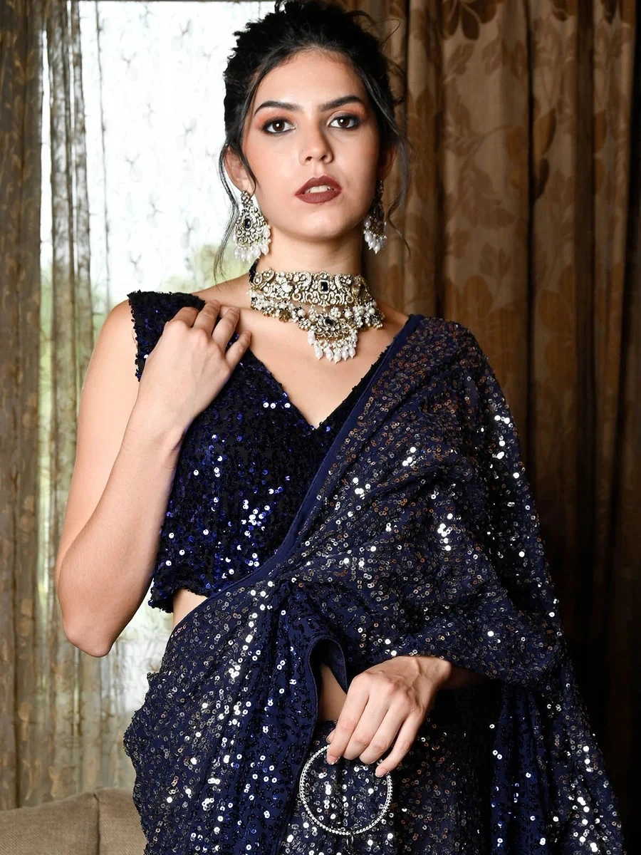 Fox Georgette Saree Royal Sequins Splendor With Blouse Piecs-1