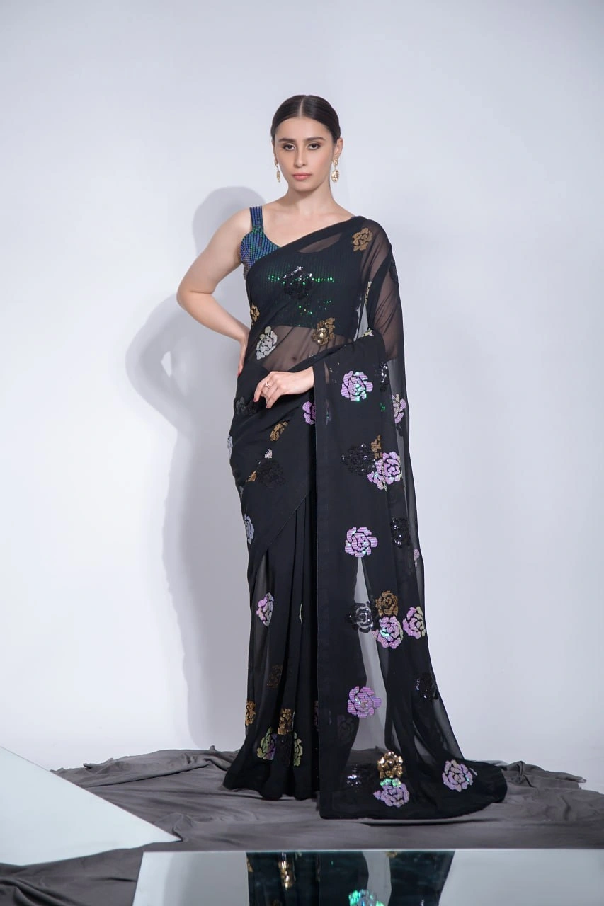 Elegant Heavy Georgette Saree with 3-Color Sequins Embroidery &amp; Blouse-RNC5229-Black