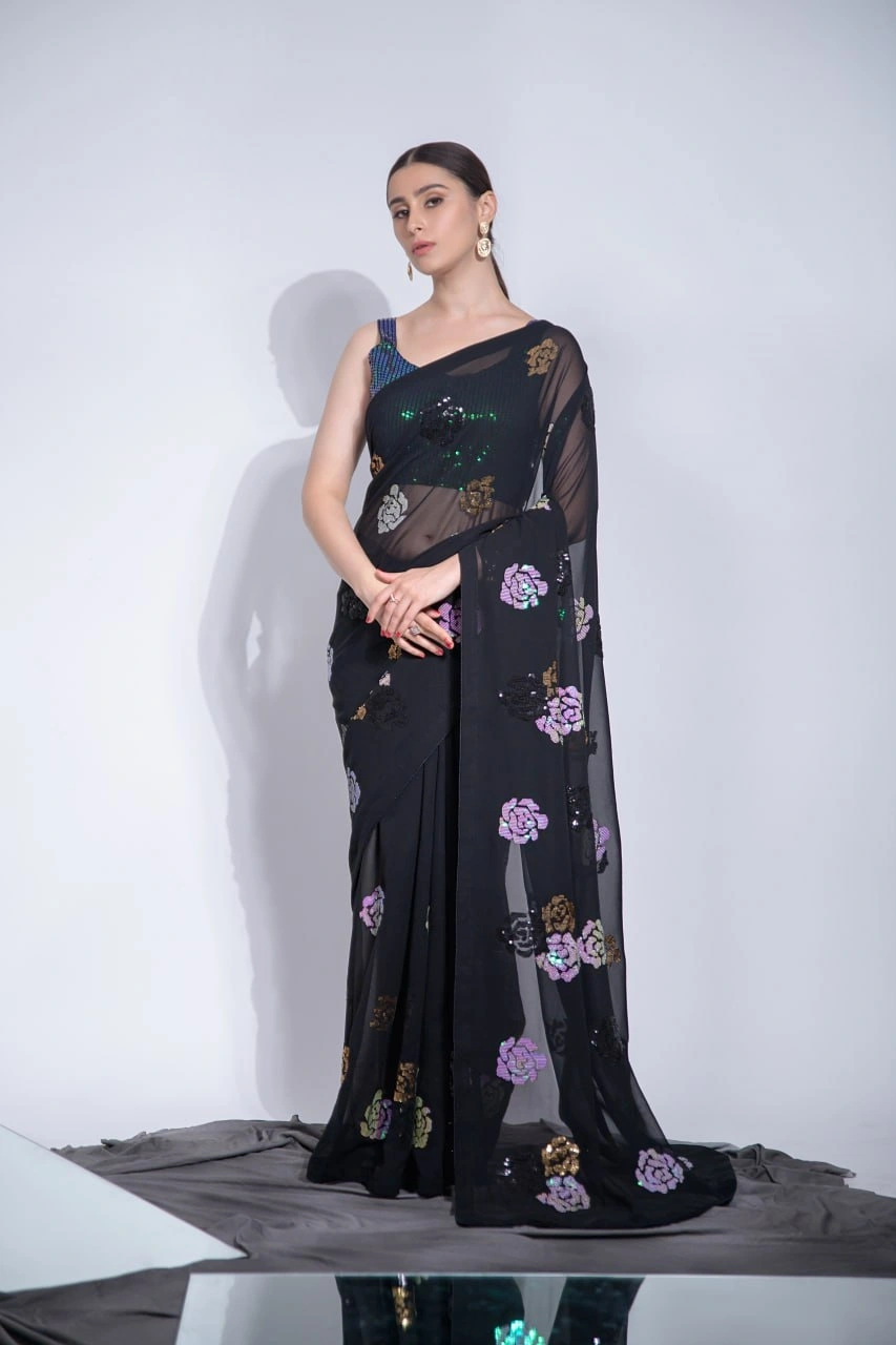 Elegant Heavy Georgette Saree with 3-Color Sequins Embroidery &amp; Blouse-Black-1