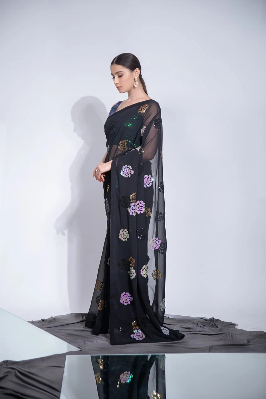 Elegant Heavy Georgette Saree with 3-Color Sequins Embroidery &amp; Blouse-Black-2