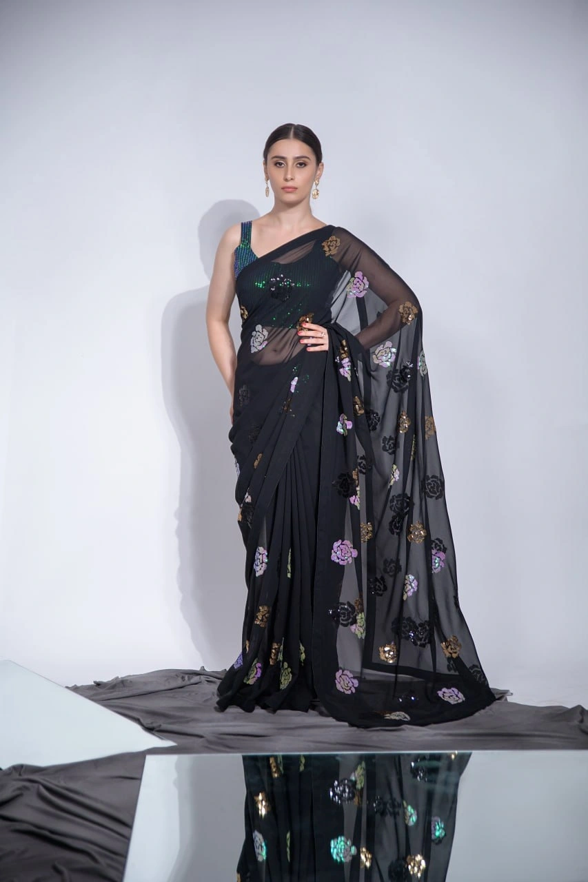 Elegant Heavy Georgette Saree with 3-Color Sequins Embroidery &amp; Blouse-Black-3