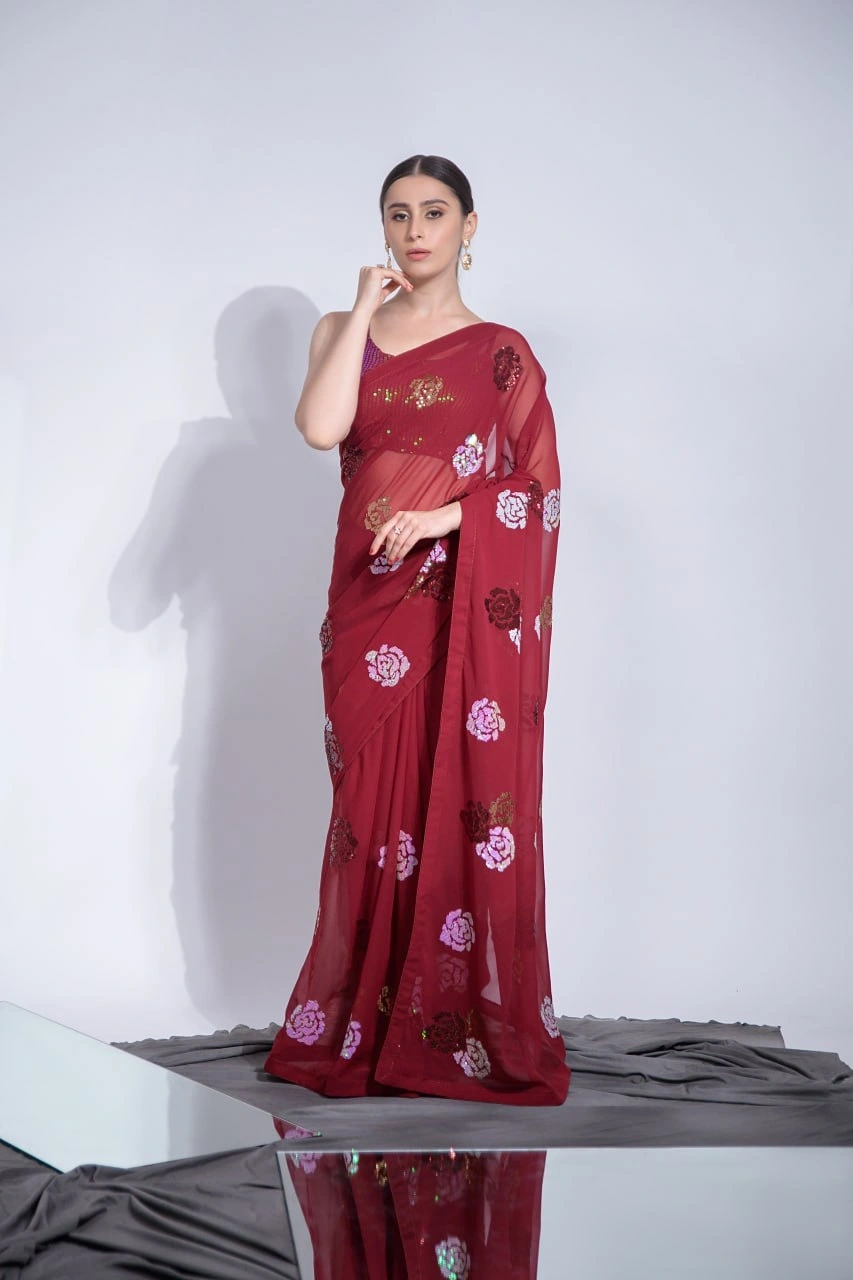 Elegant Heavy Georgette Saree with 3-Color Sequins Embroidery &amp; Blouse-RNC5229-Red