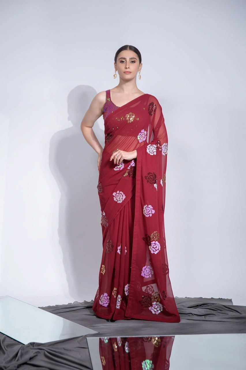 Elegant Heavy Georgette Saree with 3-Color Sequins Embroidery &amp; Blouse-Red-1