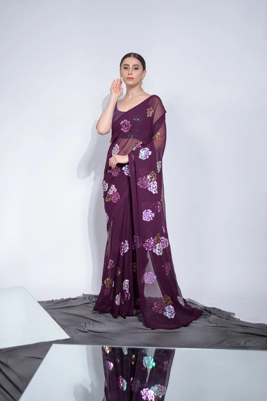 Elegant Heavy Georgette Saree with 3-Color Sequins Embroidery &amp; Blouse-RNC5229-Wine