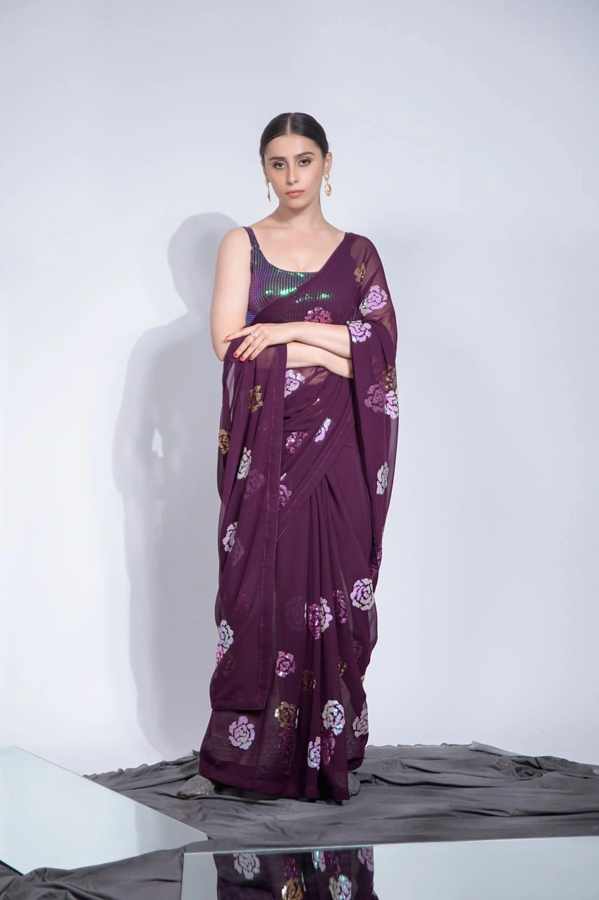 Elegant Heavy Georgette Saree with 3-Color Sequins Embroidery &amp; Blouse-Wine-1