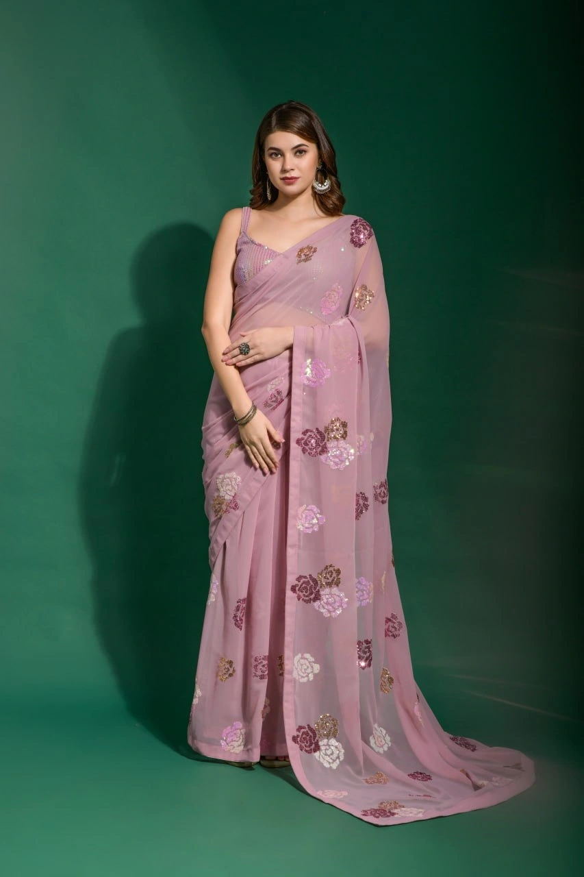 Elegant Heavy Georgette Saree with 3-Color Sequins Embroidery &amp; Blouse-RNC5229-Pink