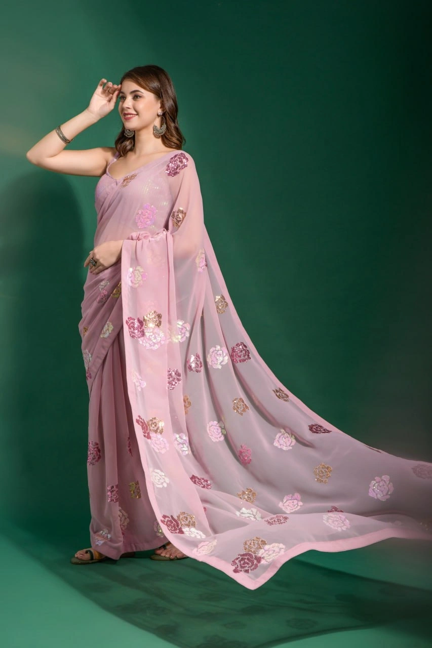 Elegant Heavy Georgette Saree with 3-Color Sequins Embroidery &amp; Blouse-Pink-2