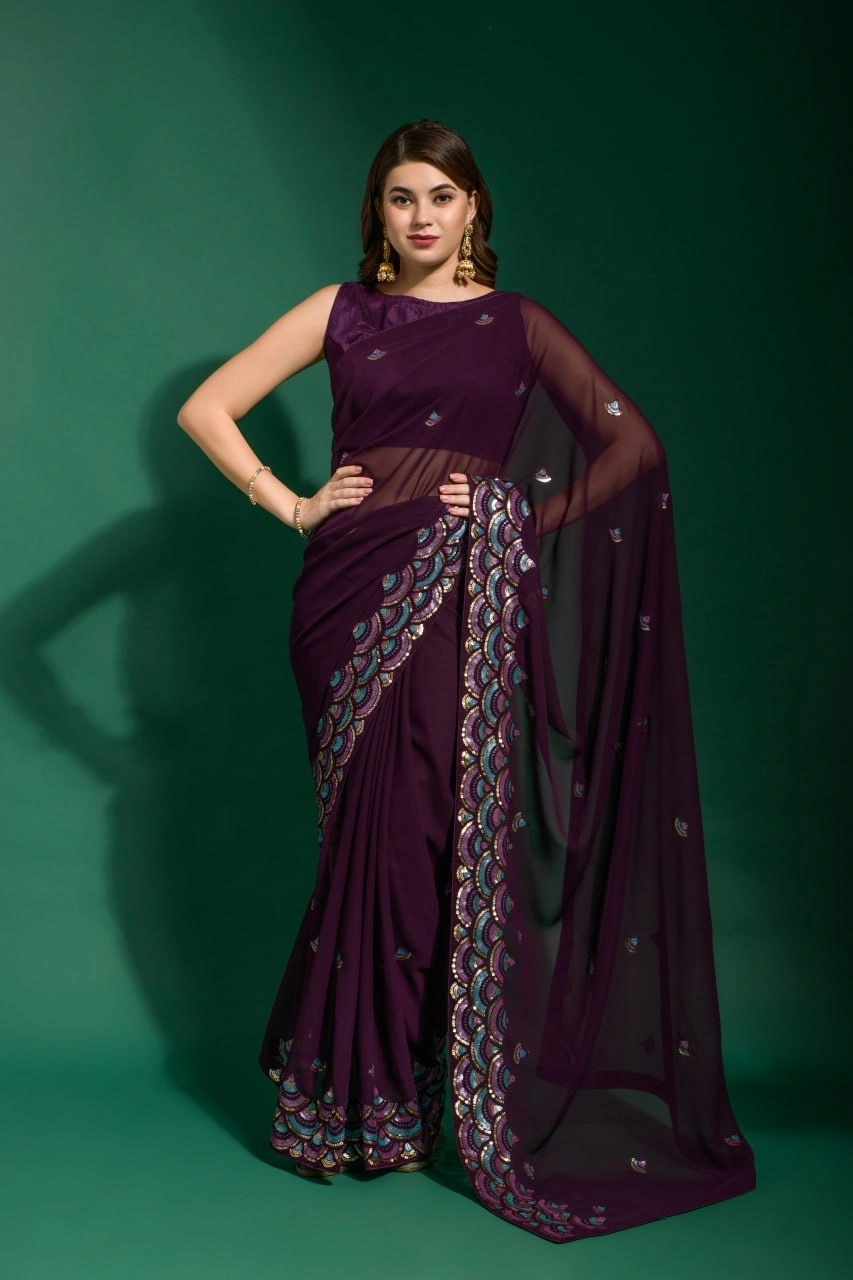 Heavy Georgette Saree with Fancy Sequins Embroidery &amp; Heavy Mono Banglori Blouse-RNC5235