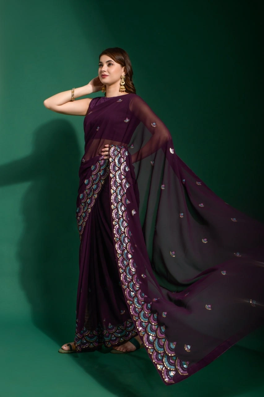 Heavy Georgette Saree with Fancy Sequins Embroidery &amp; Heavy Mono Banglori Blouse-2