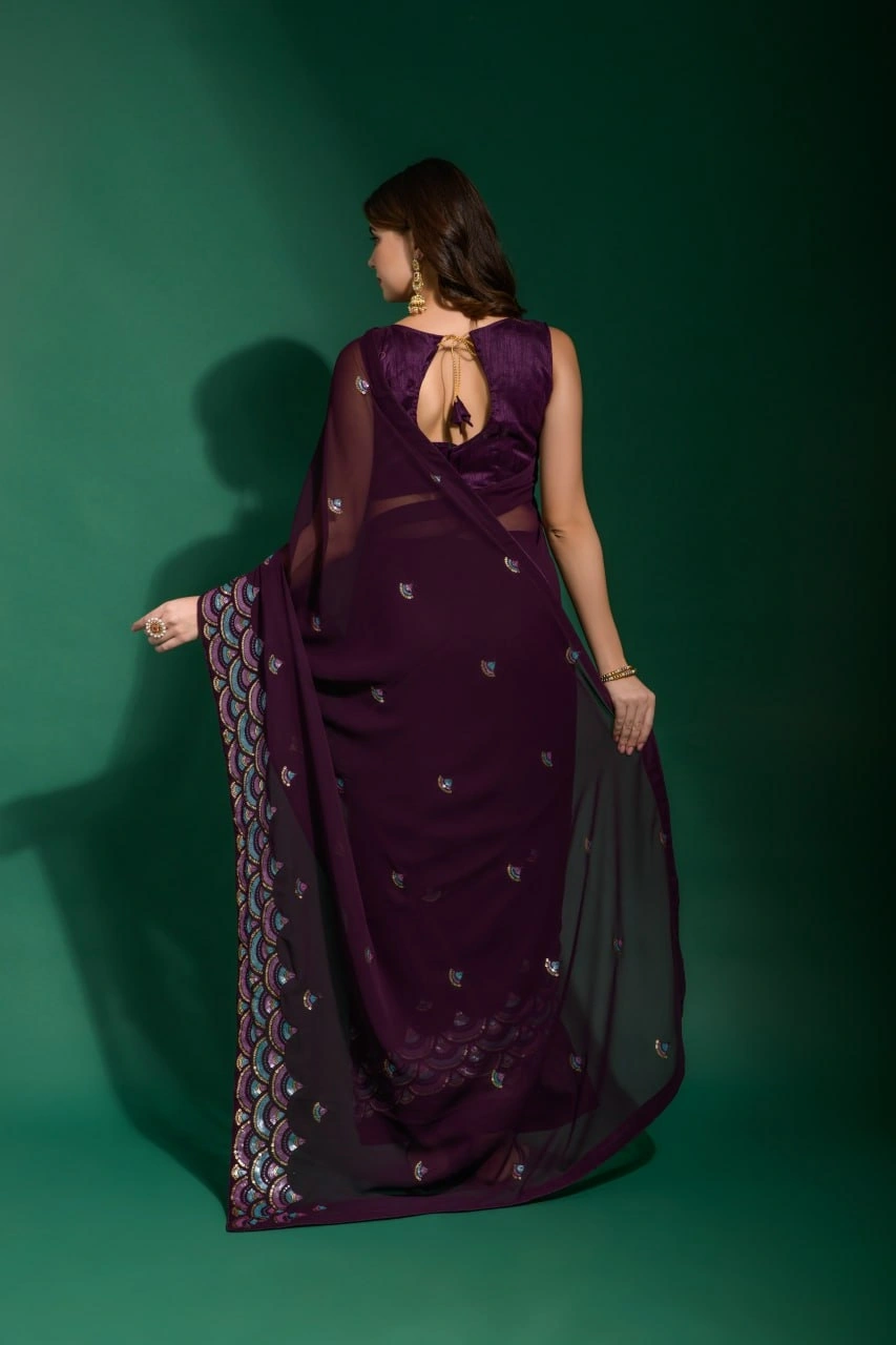 Heavy Georgette Saree with Fancy Sequins Embroidery &amp; Heavy Mono Banglori Blouse-3