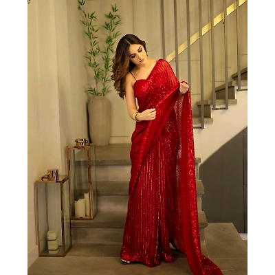 YNF Elegant Heavy Georgette Saree with Dual Sequence Embroidery & Satin Banglori Blouse