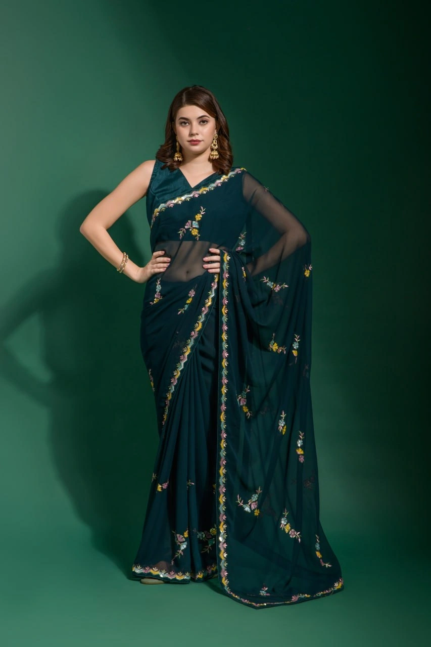 Heavy Georgette Saree with Sequins Embroidery, Heavy Banglori Blouse-RNC5241