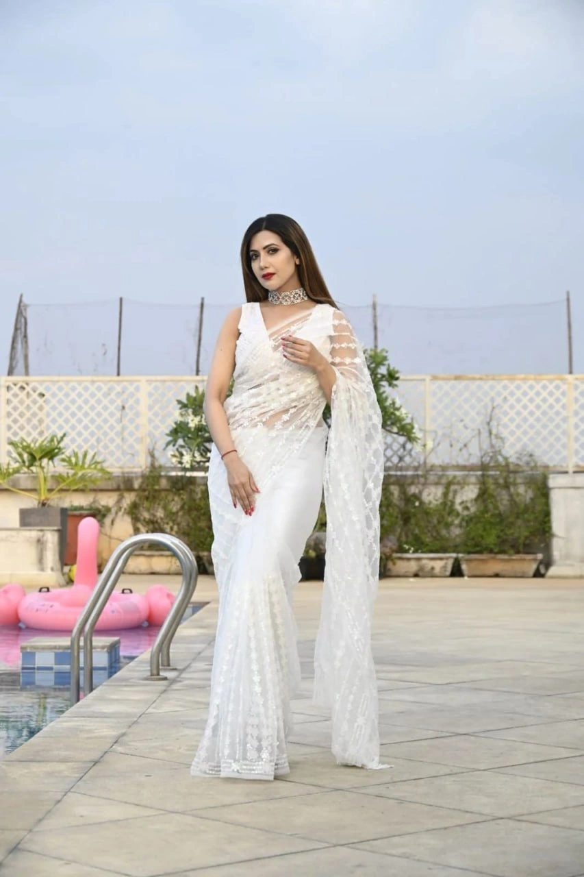 Elegant Soft Net Saree with Sequins Embroidery and Tussel Border, Net Blouse Included-RNC5250