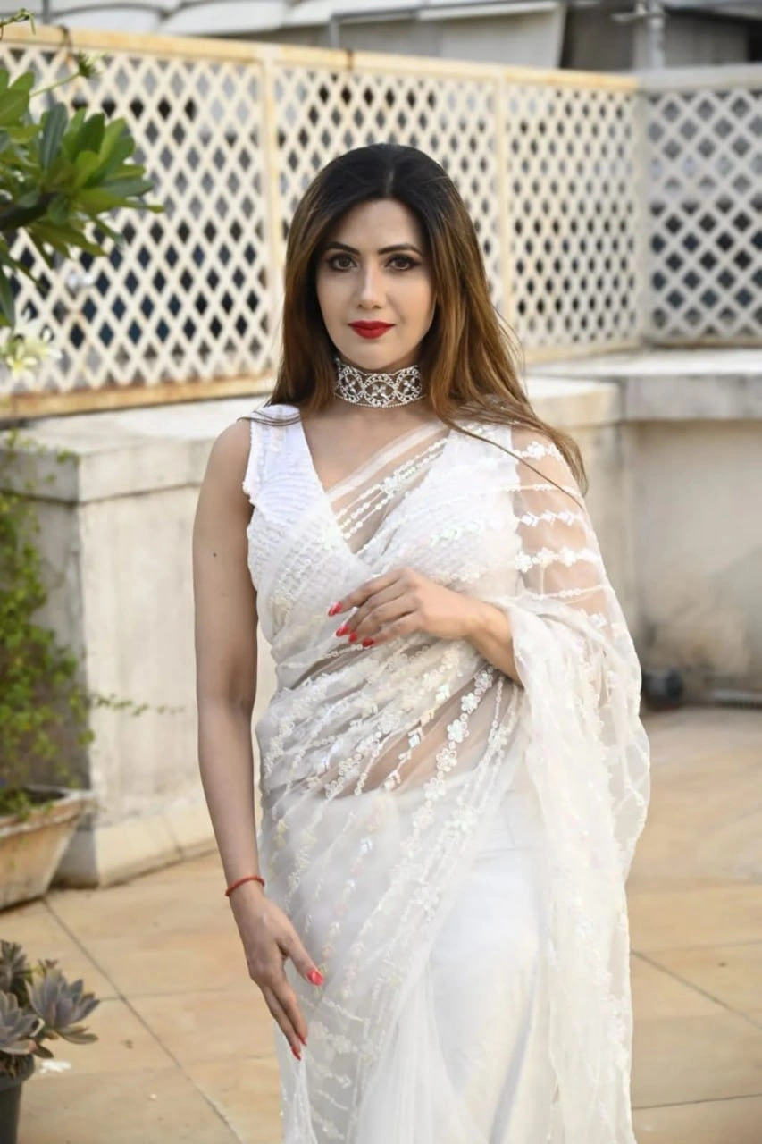 Elegant Soft Net Saree with Sequins Embroidery and Tussel Border, Net Blouse Included-1