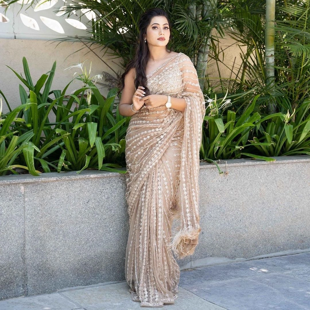 Elegant Soft Net Saree with Sequins Embroidery &amp; Feather Lace Pallu, Net Blouse Included-RNC5274