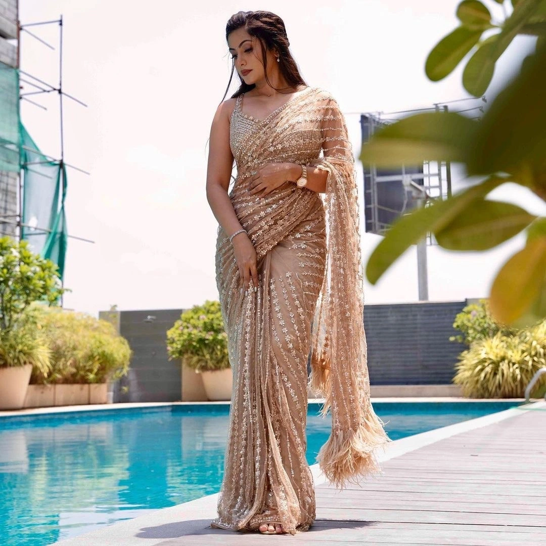 Elegant Soft Net Saree with Sequins Embroidery &amp; Feather Lace Pallu, Net Blouse Included-1