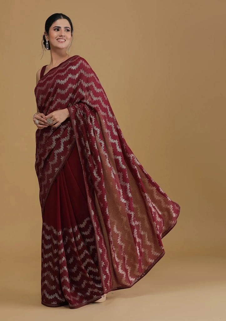 Heavy Georgette Saree with Sequence Embroidery &amp; Seroski Diamond Blouse-RNC5275-Maroon