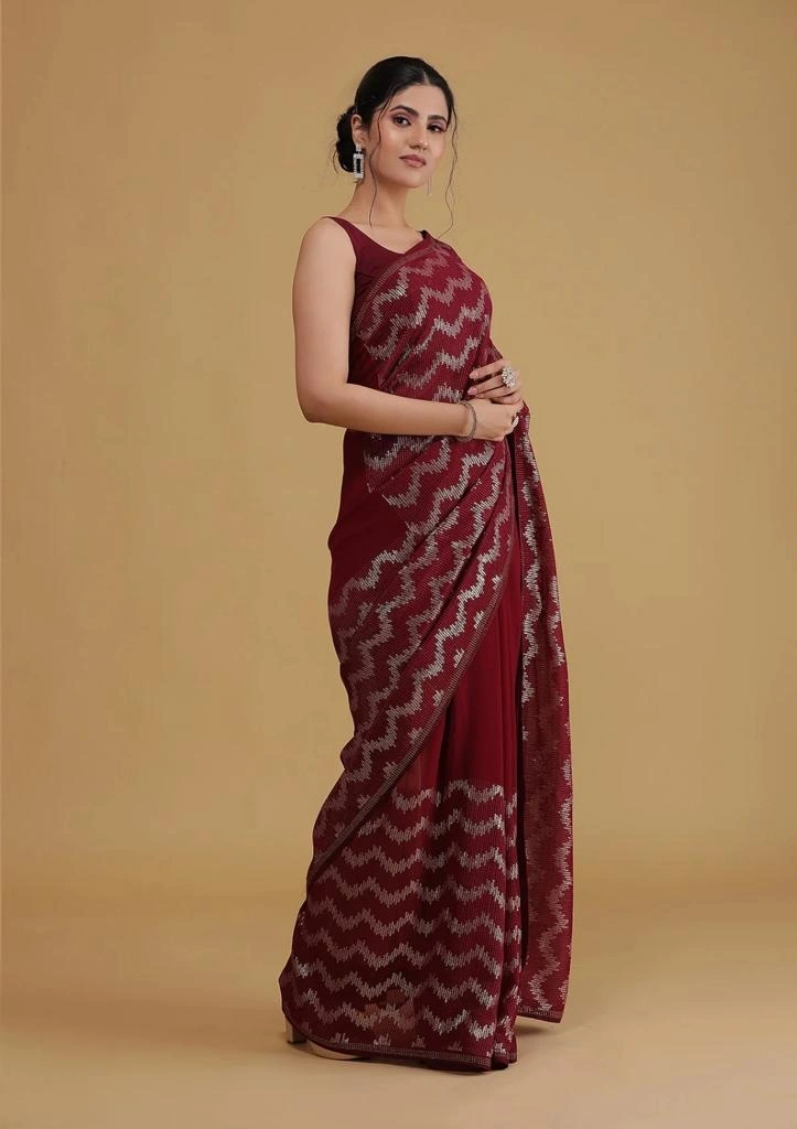 Heavy Georgette Saree with Sequence Embroidery &amp; Seroski Diamond Blouse-Red-1