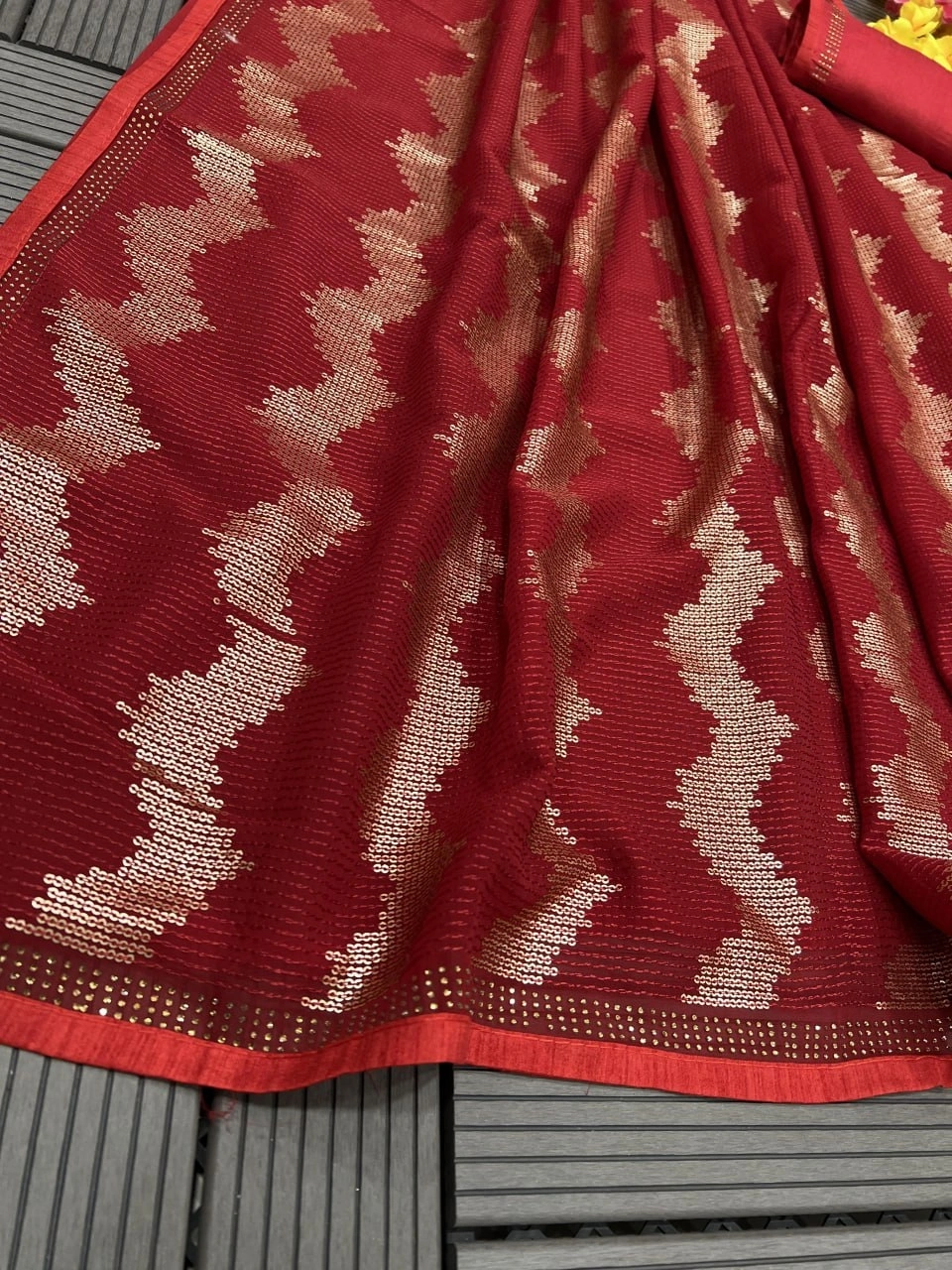 Heavy Georgette Saree with Sequence Embroidery &amp; Seroski Diamond Blouse-Red-3