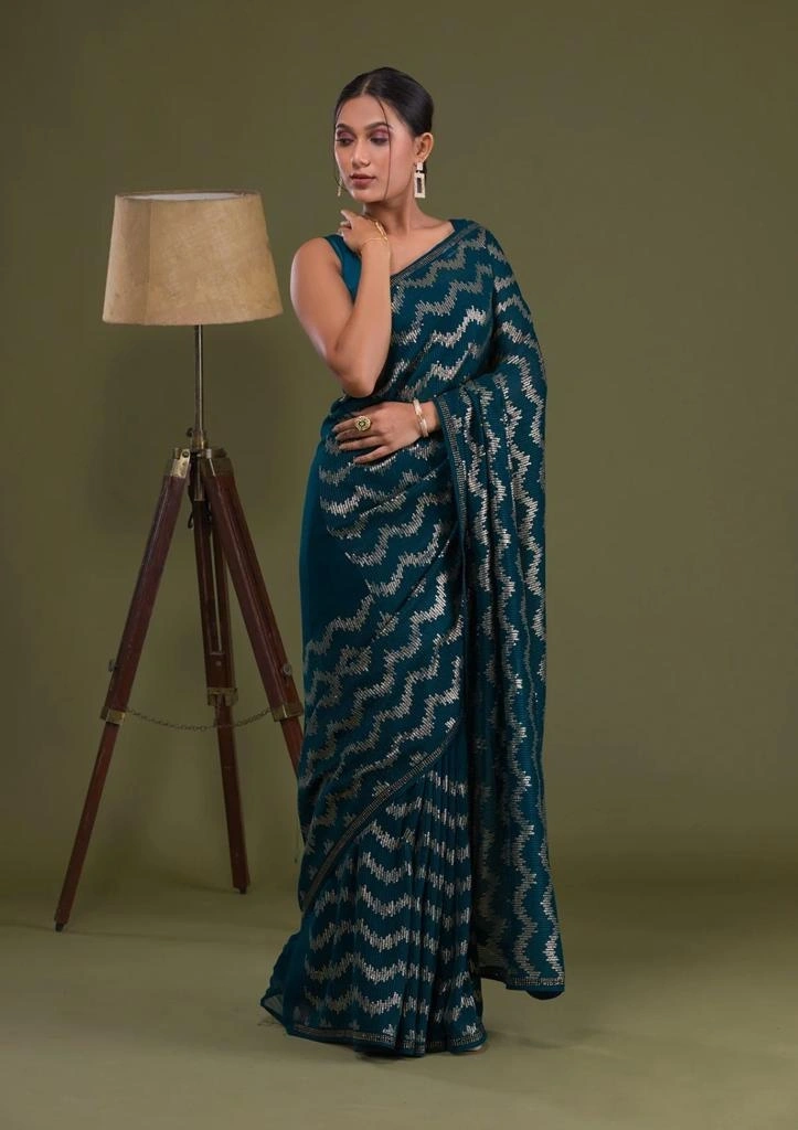 Heavy Georgette Saree with Sequence Embroidery &amp; Seroski Diamond Blouse-RNC5275-Rama