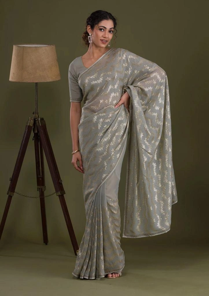 Heavy Georgette Saree with Sequence Embroidery &amp; Seroski Diamond Blouse-RNC5275-Grey