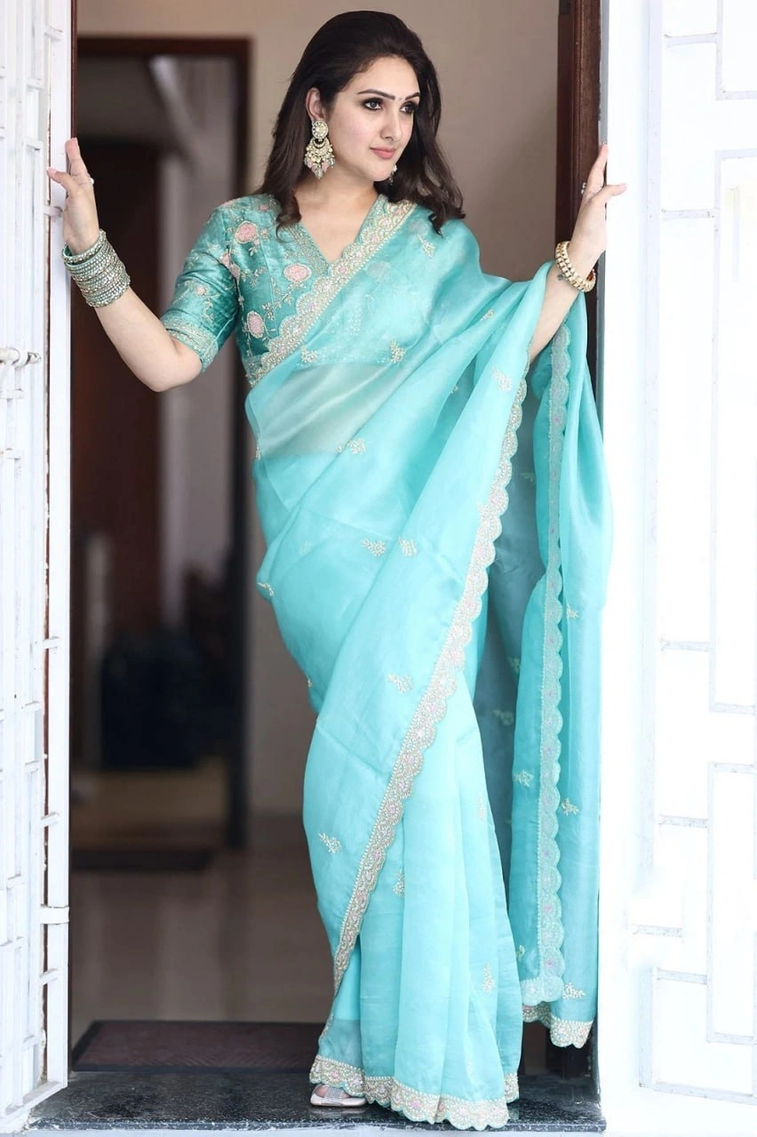 Soft Organza Saree with Sequins &amp; Cording Embroidery, Cutwork Lace Border, Heavy Banglori Blouse-1