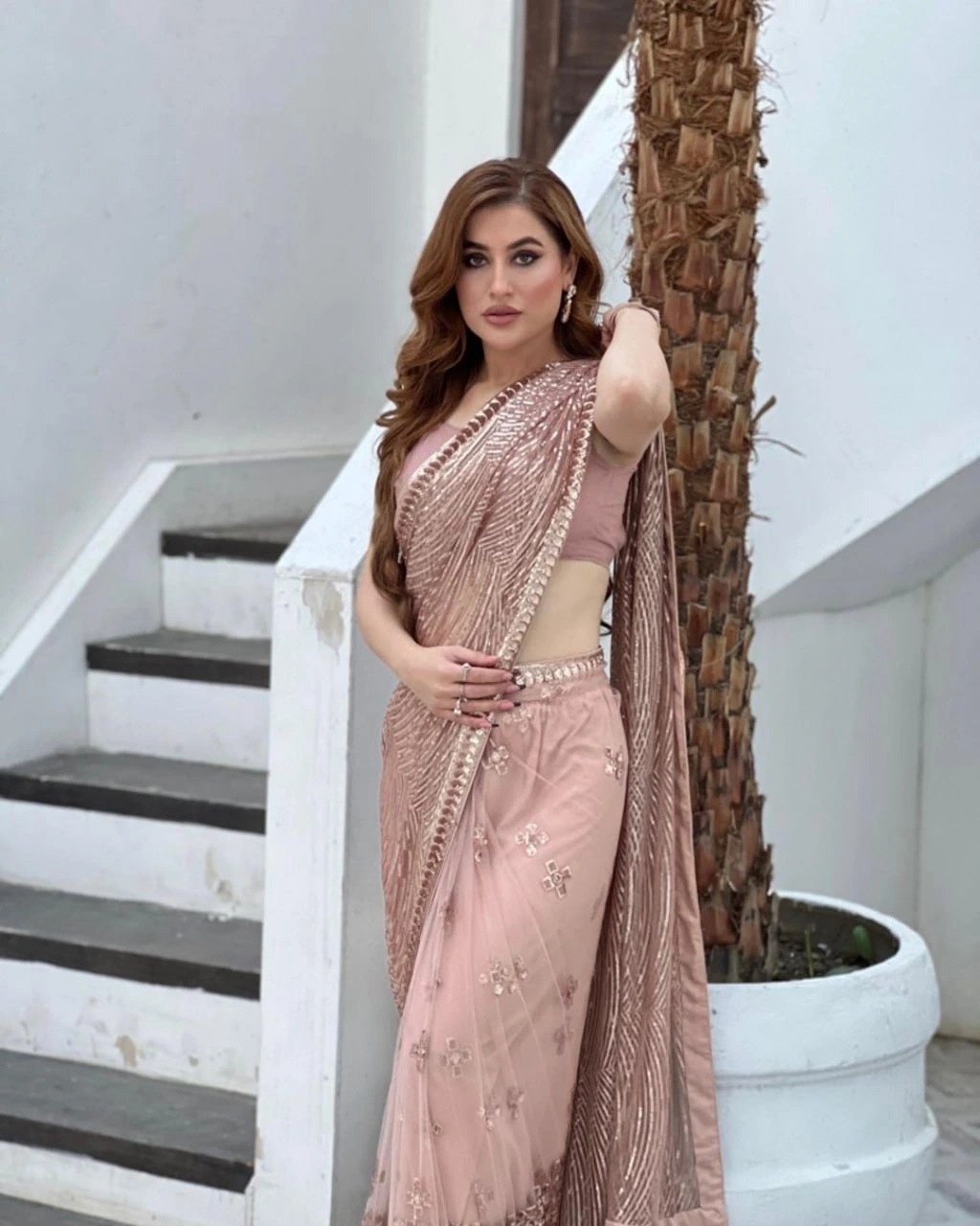 Elegant Soft Georgette Saree with Sequins Embroidery &amp; Heavy Banglori Blouse-RNC5278-LightPink